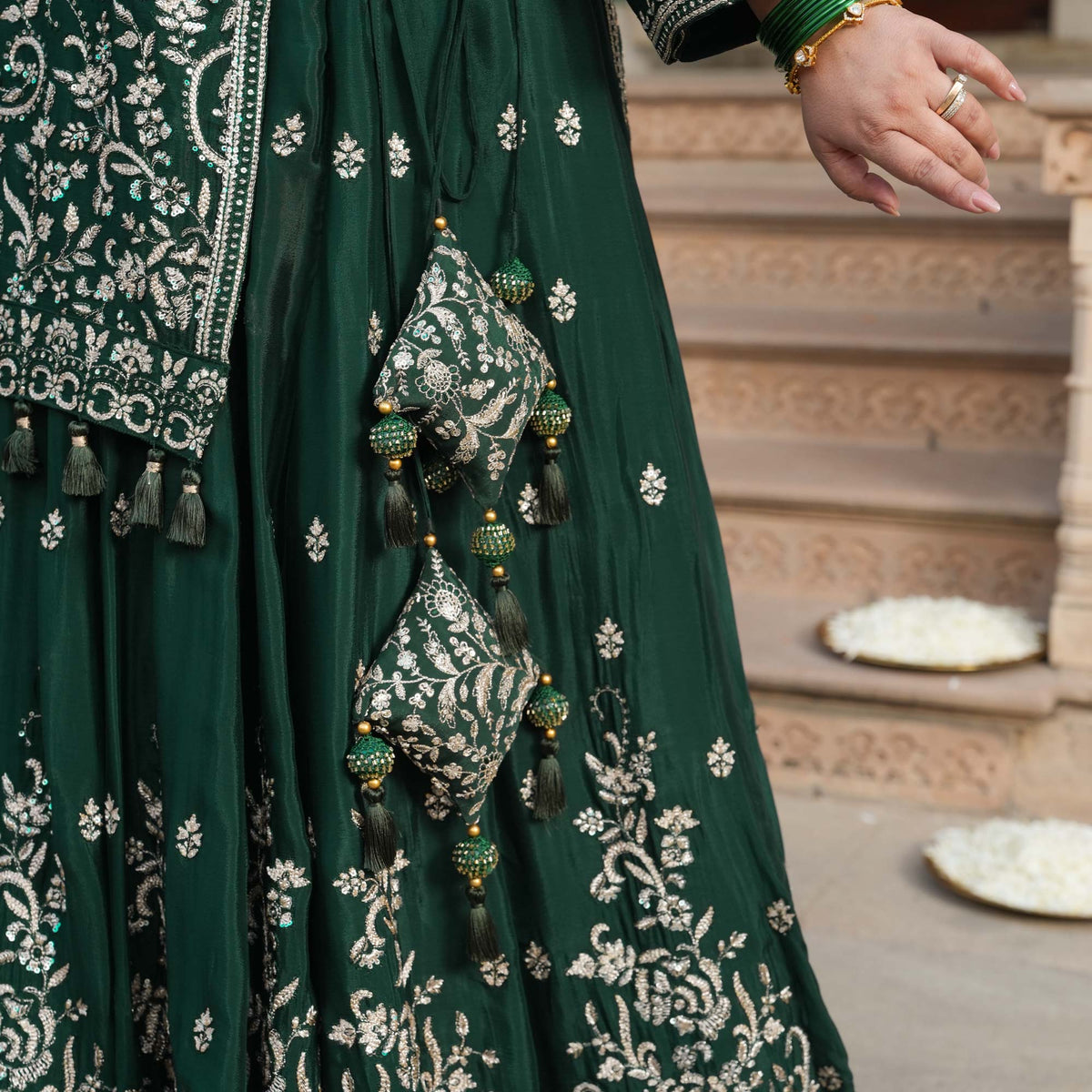 Suryagarh- Rust Thread & Sequin Embroidered Pure Chinon Lehenga Set