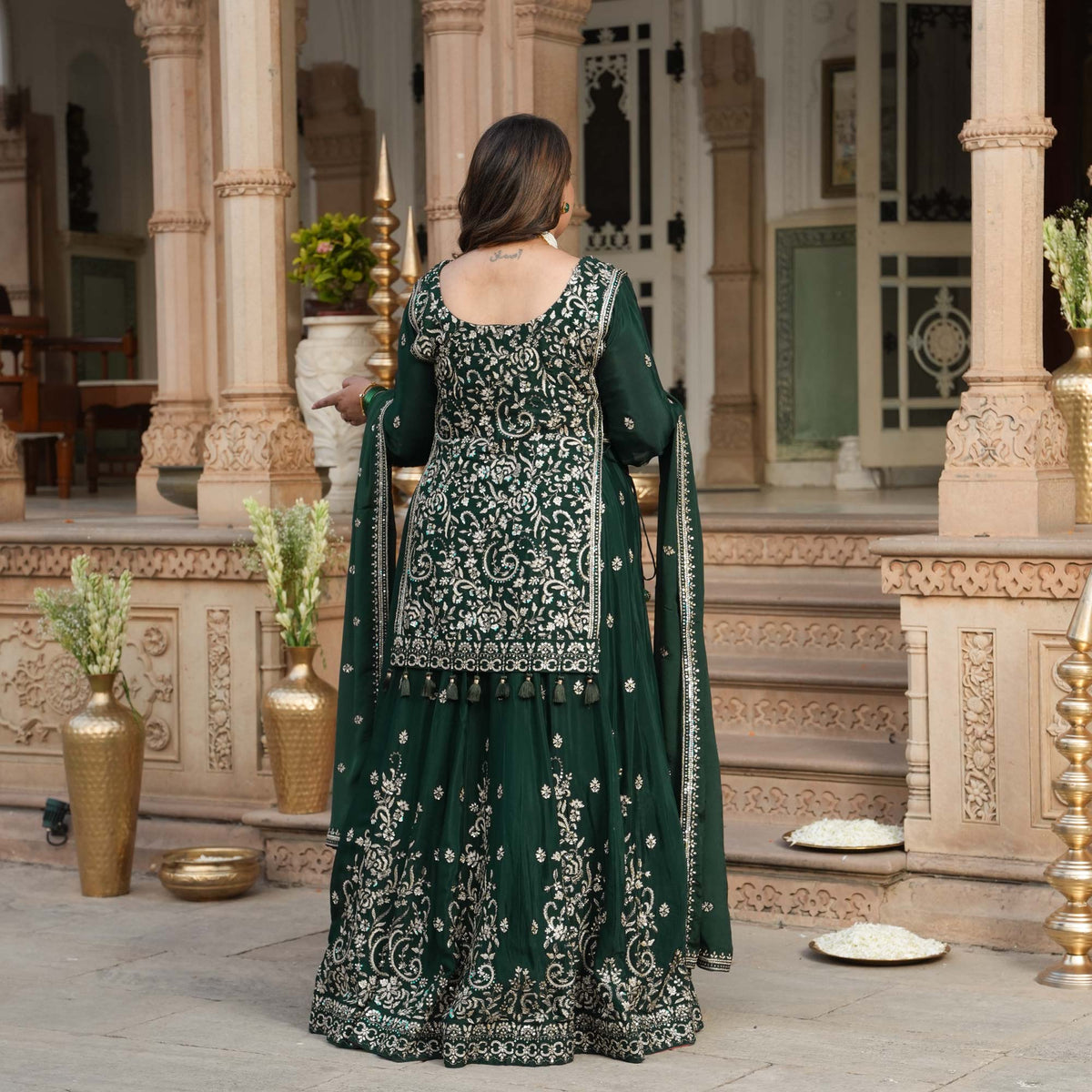 Suryagarh- Rust Thread & Sequin Embroidered Pure Chinon Lehenga Set