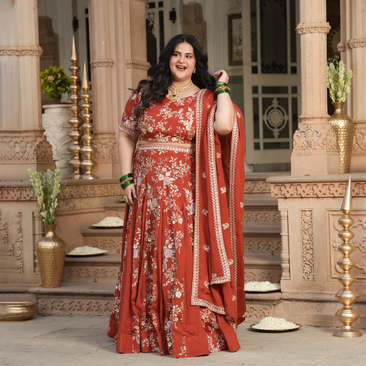 Suryagarh- Rust Thread & Sequin Embroidered Pure Chinon Lehenga Set