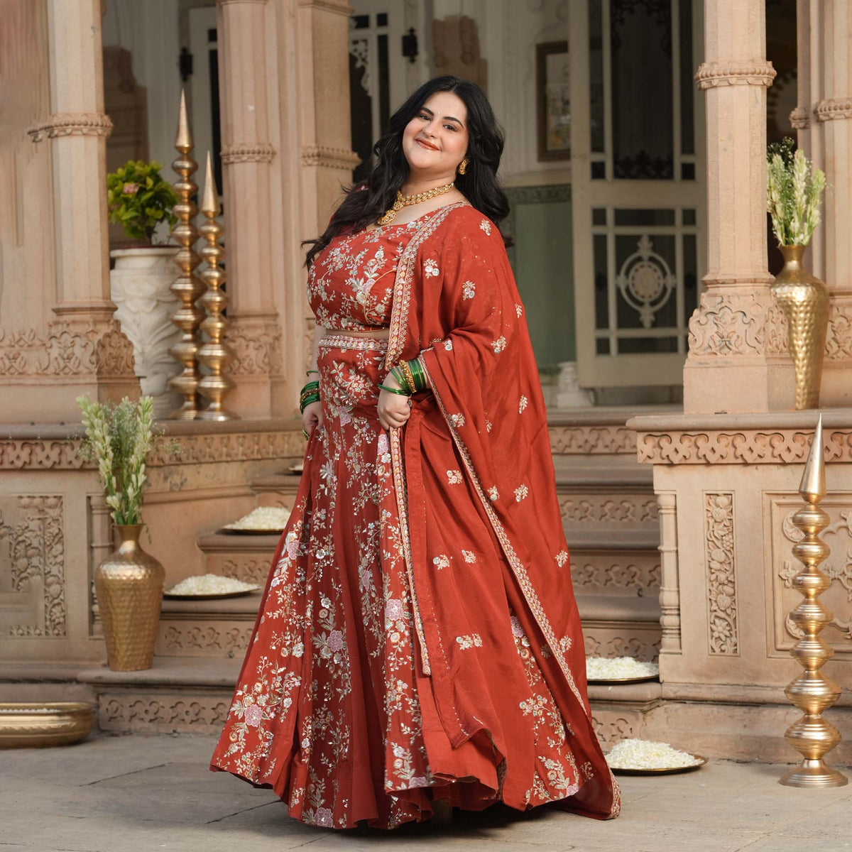 Suryagarh- Rust Thread & Sequin Embroidered Pure Chinon Lehenga Set