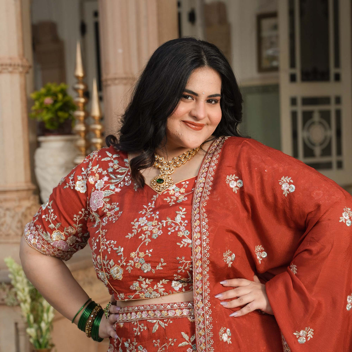 Suryagarh- Rust Thread & Sequin Embroidered Pure Chinon Lehenga Set