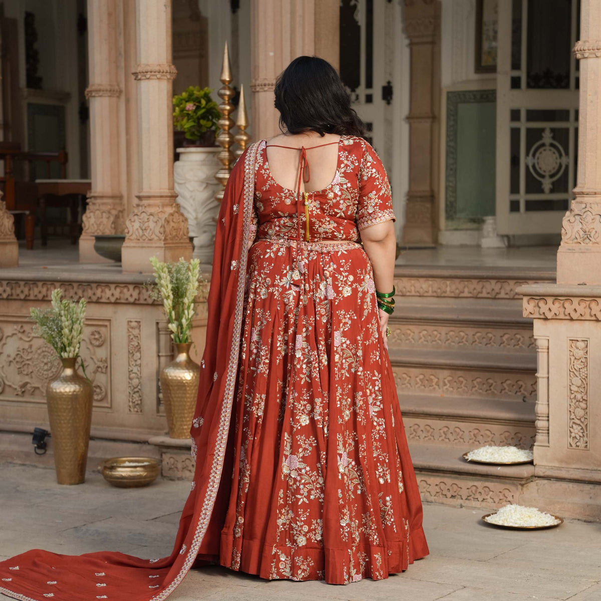 Suryagarh- Rust Thread & Sequin Embroidered Pure Chinon Lehenga Set