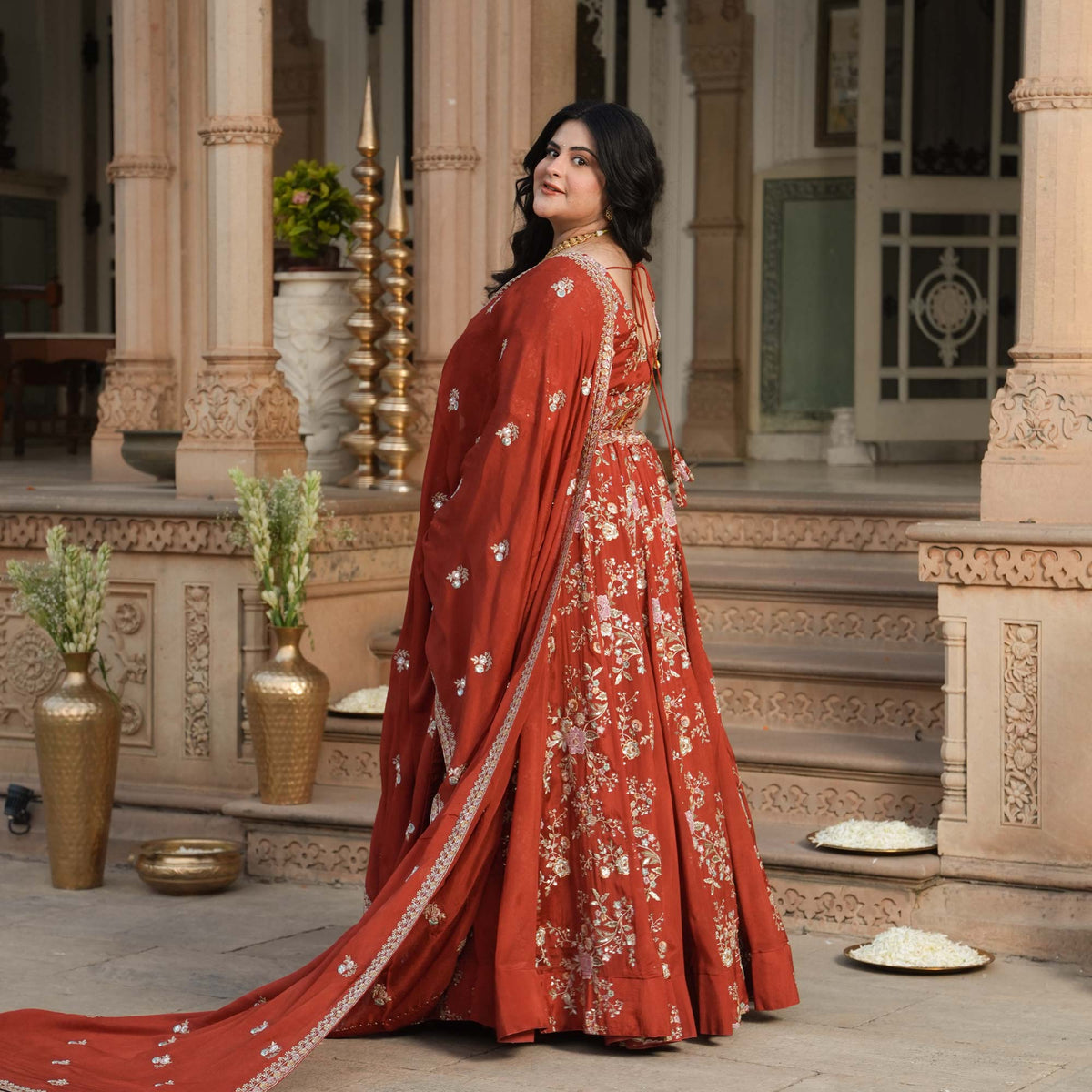Suryagarh- Rust Thread & Sequin Embroidered Pure Chinon Lehenga Set