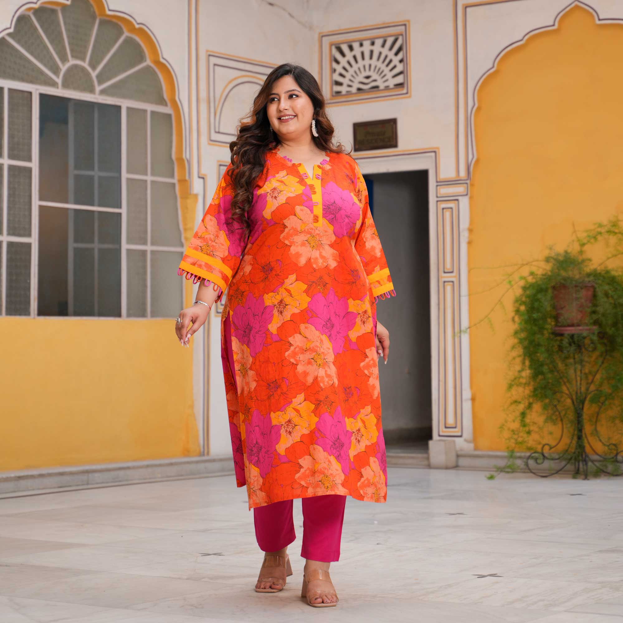 Pink Citrus Delight Floral Cotton Kurta