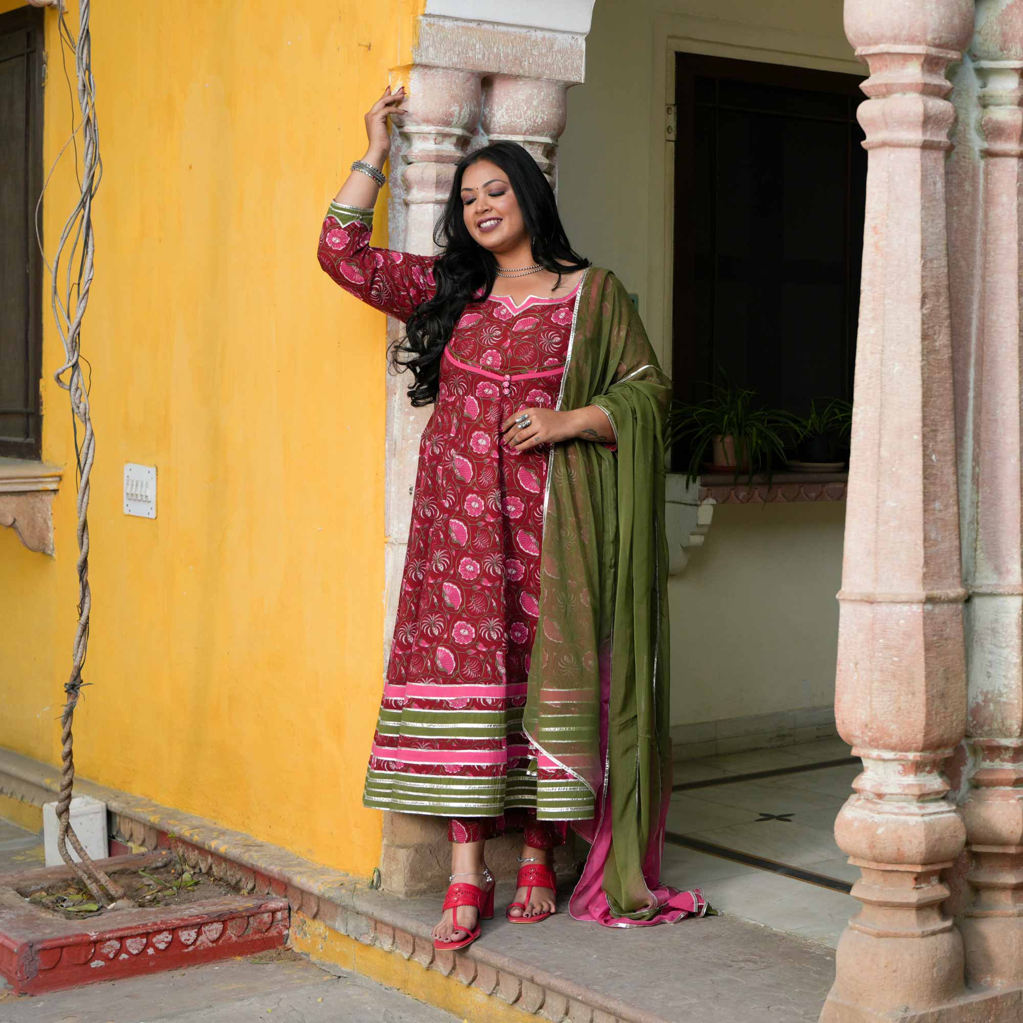 Rosy Charm Floral Cotton Anarkali Set 
