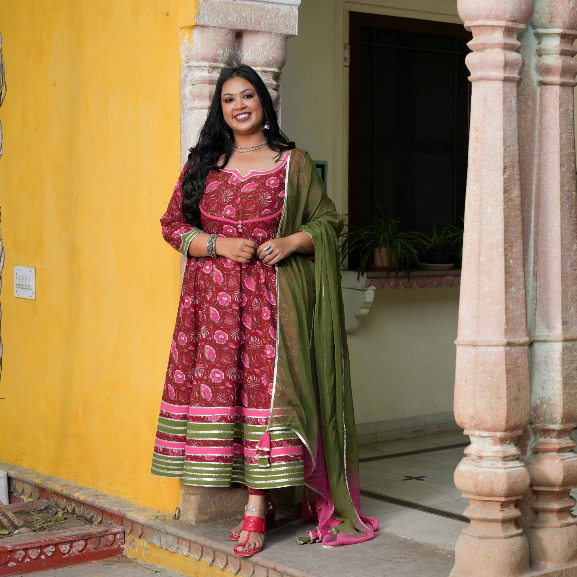 Rosy Charm Floral Cotton Anarkali Set 