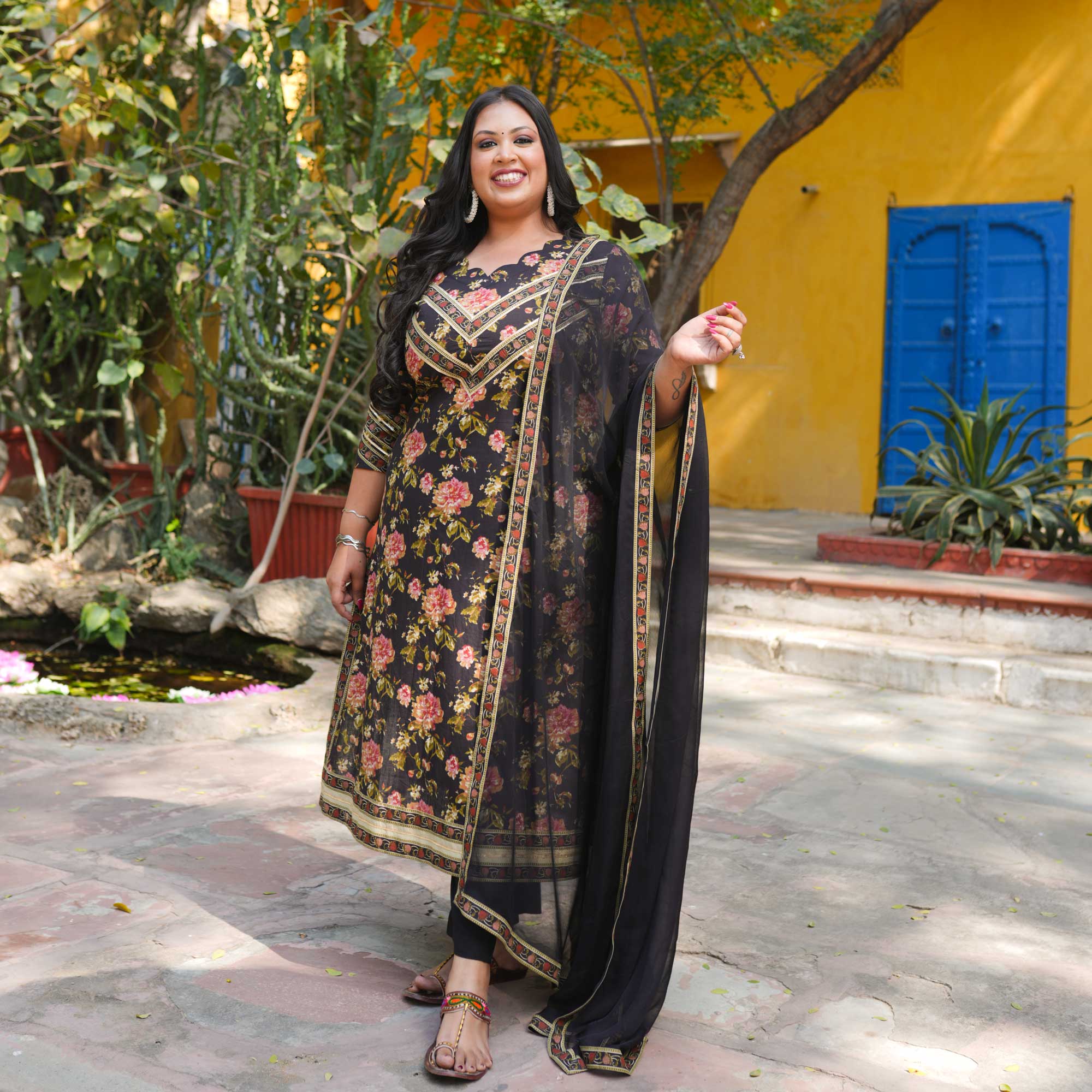 Rangeen Bahar - Black Floral Cotton Kurta