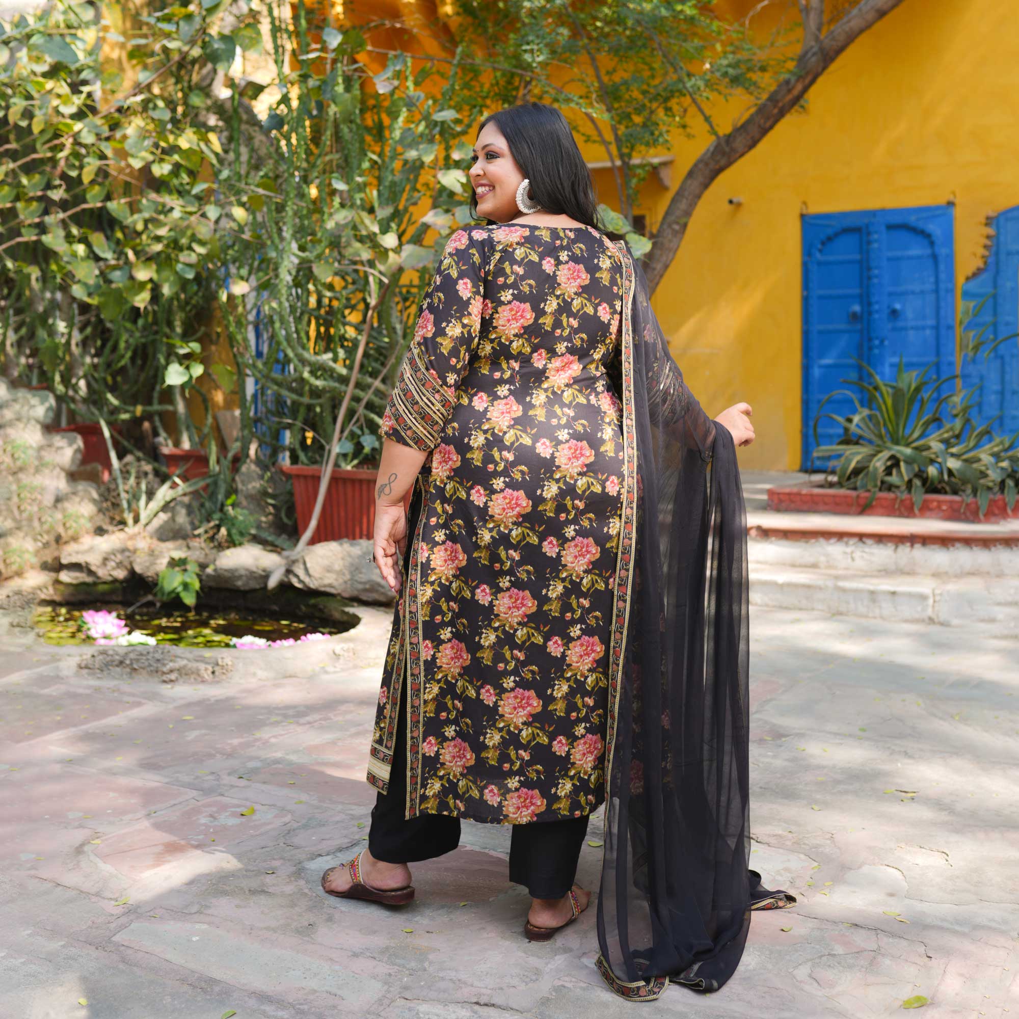 Rangeen Bahar - Black Floral Cotton Kurta