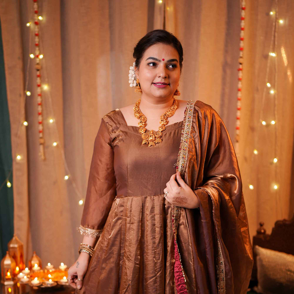 Chamakta Taaj- Copper & Gold Tissue Silk Anarkali Set
