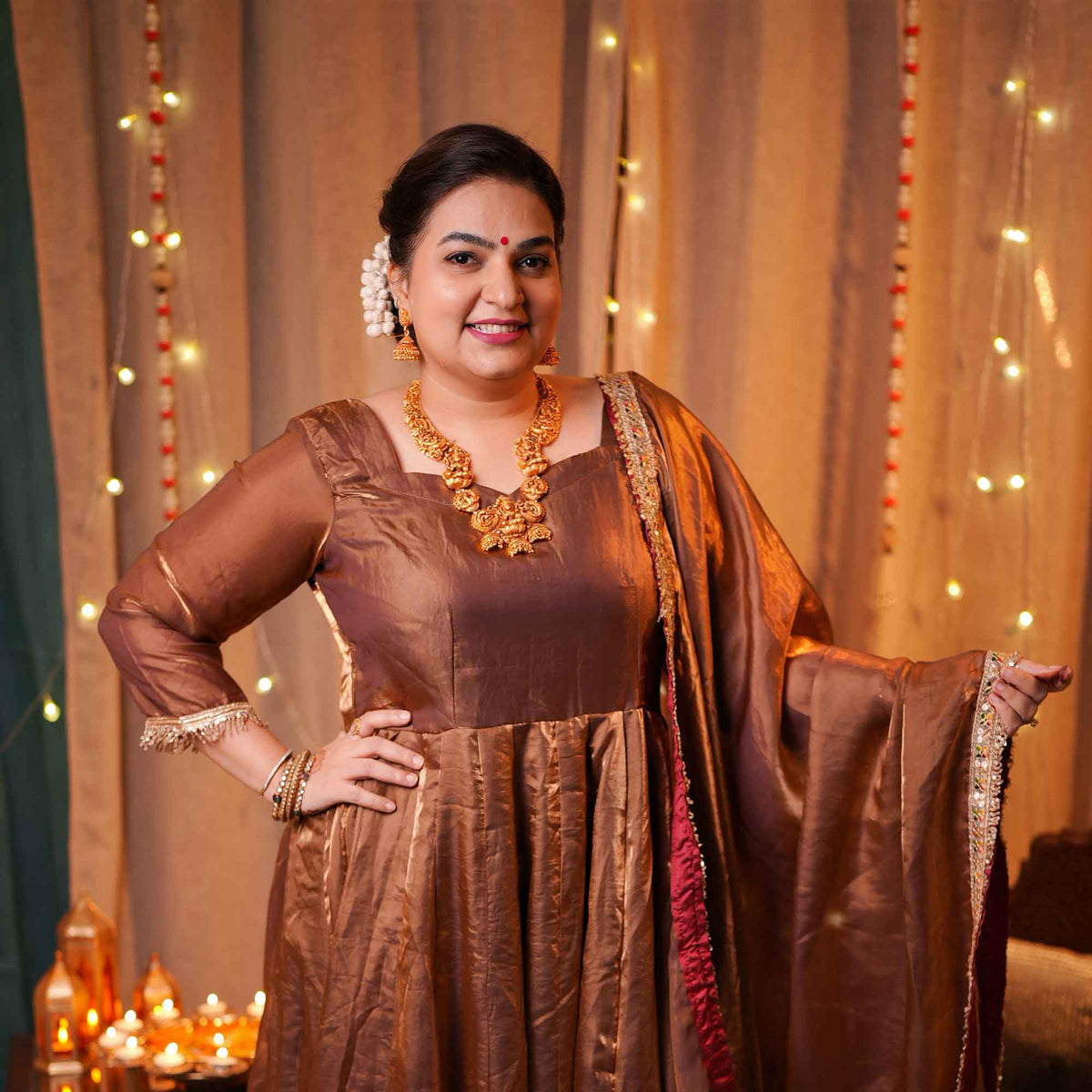 Chamakta Taaj- Copper & Gold Tissue Silk Anarkali Set