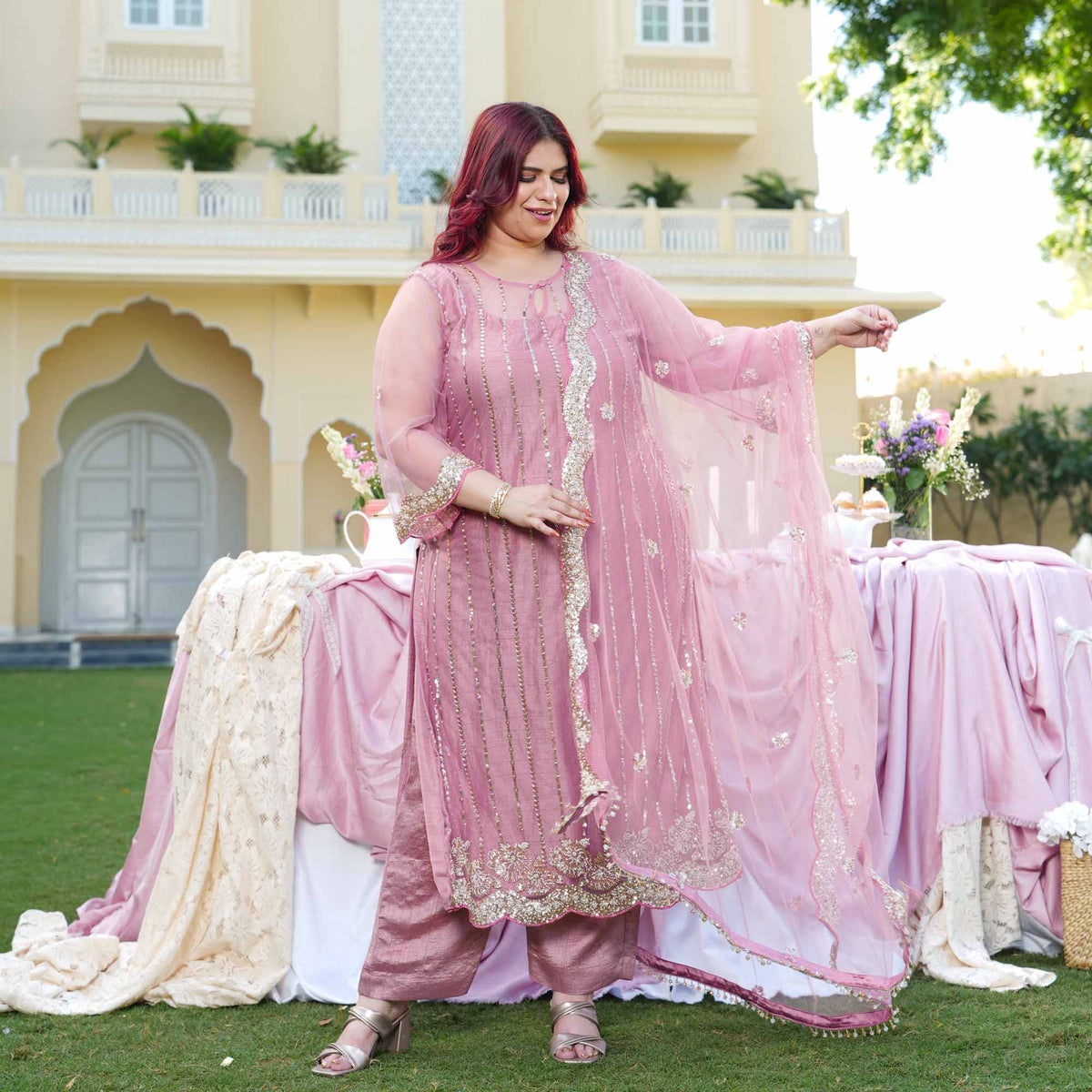 Rhea- Rose Mauve Pearl & Cutdana Embroidered Net Suit Set