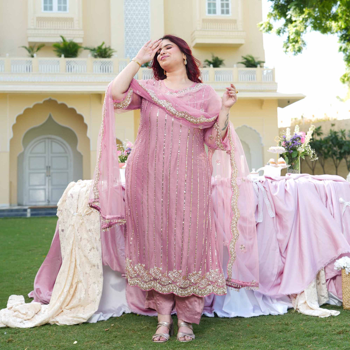 Rhea- Rose Mauve Pearl & Cutdana Embroidered Net Suit Set