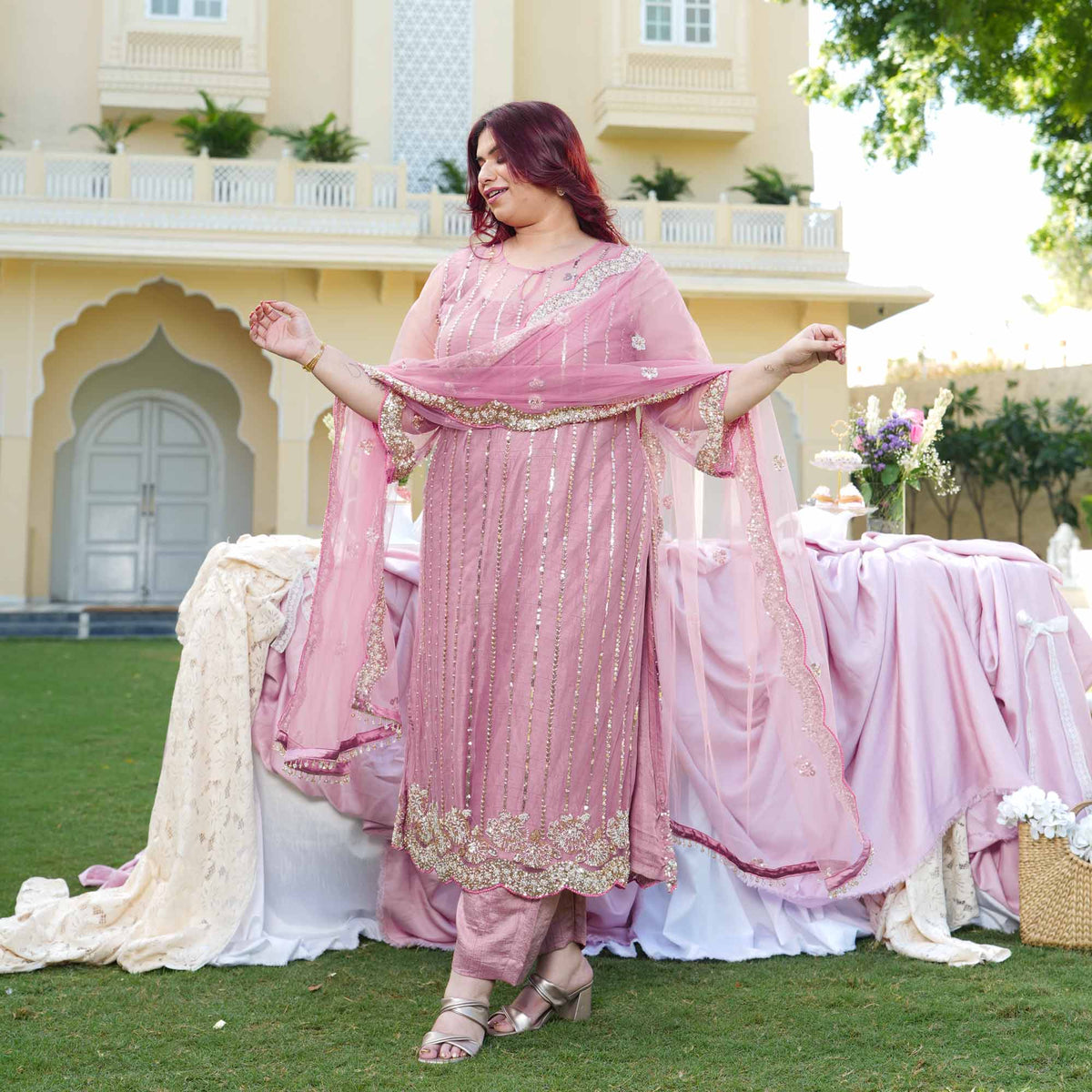 Rhea- Rose Mauve Pearl & Cutdana Embroidered Net Suit Set