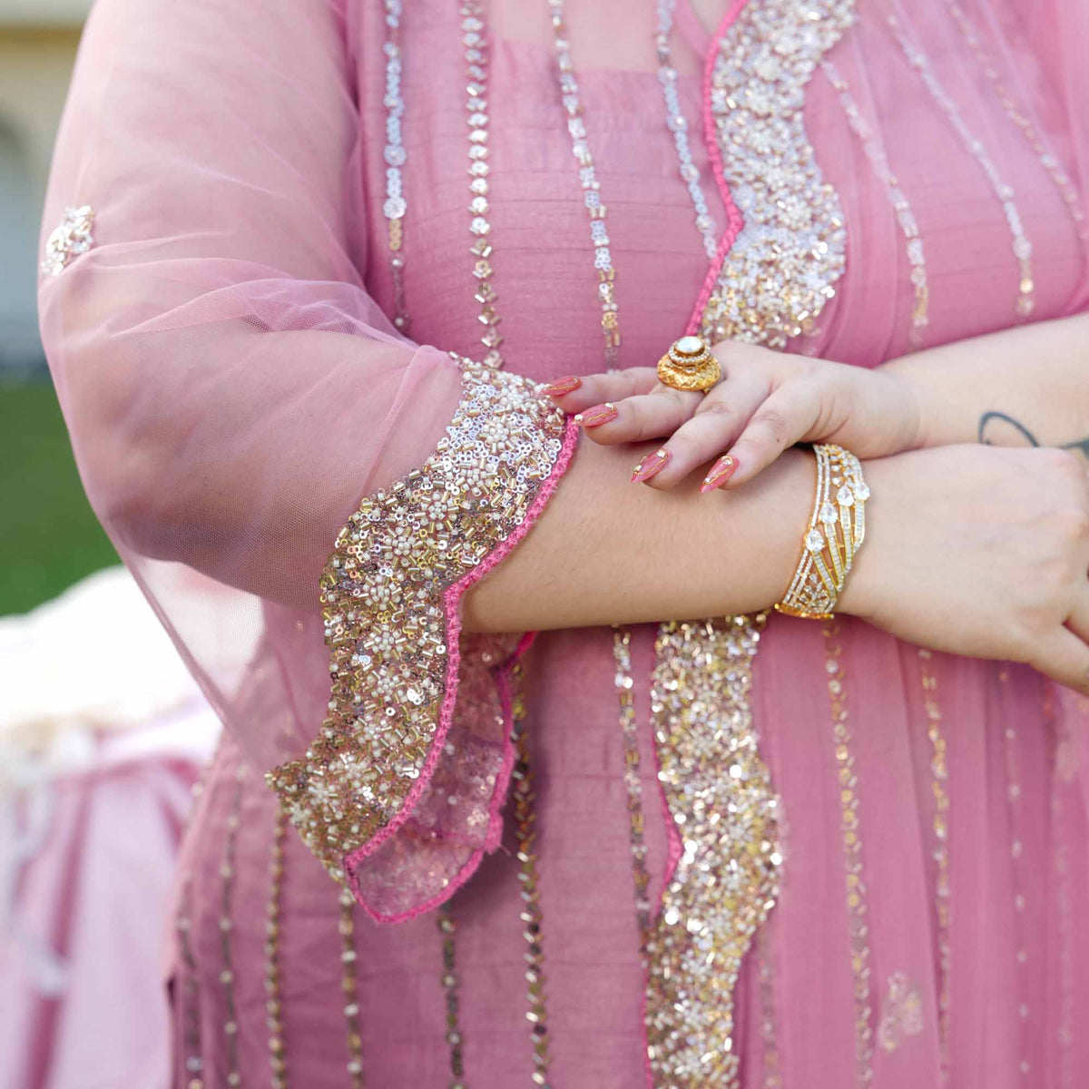 Rhea- Rose Mauve Pearl & Cutdana Embroidered Net Suit Set