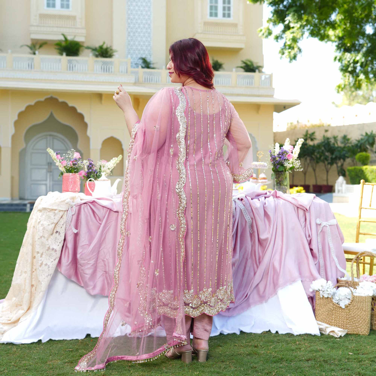 Rhea- Rose Mauve Pearl & Cutdana Embroidered Net Suit Set