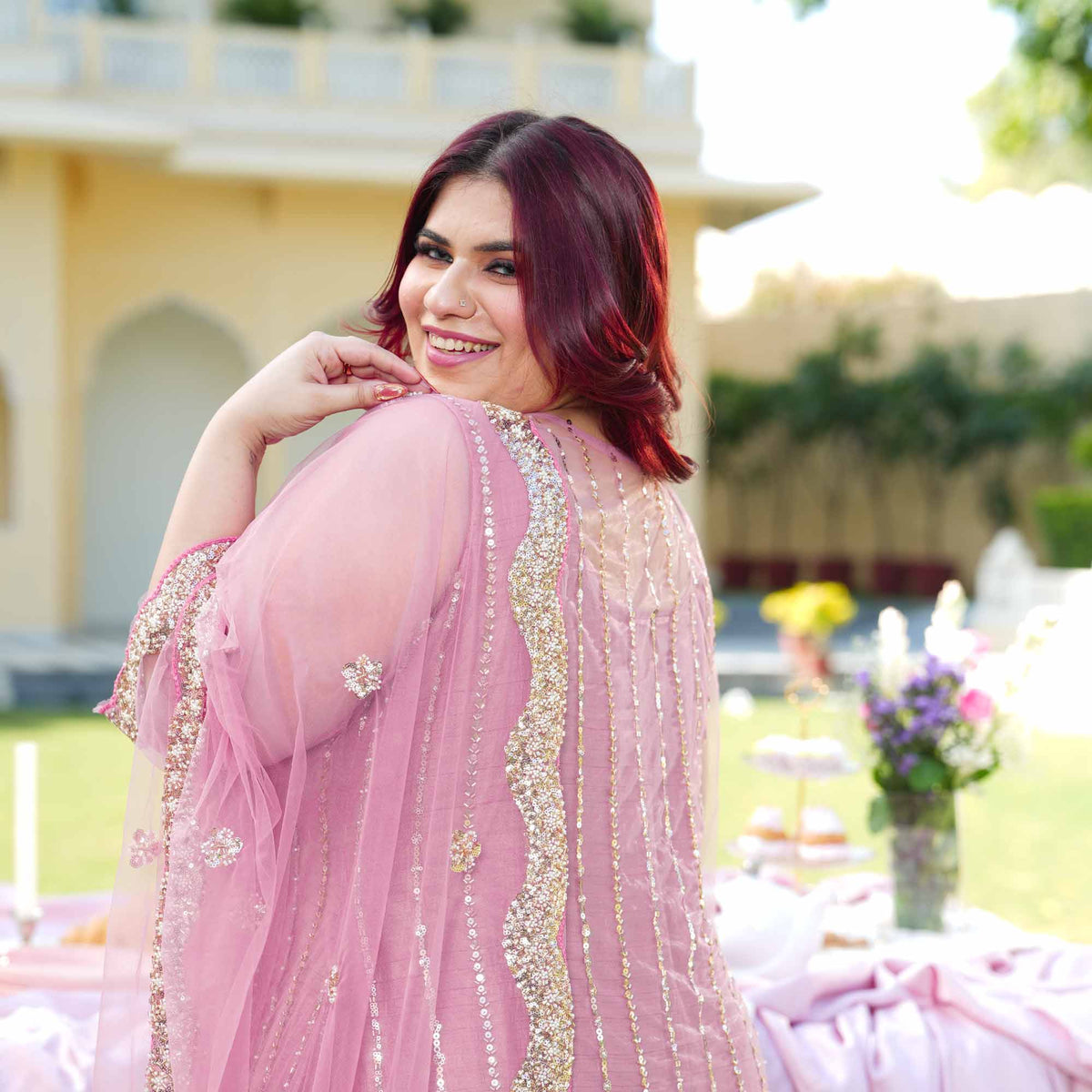 Rhea- Rose Mauve Pearl & Cutdana Embroidered Net Suit Set