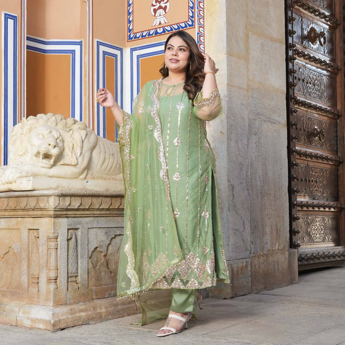 Hera- Pastel Green & Cutdana Embroidered Net Suit Set