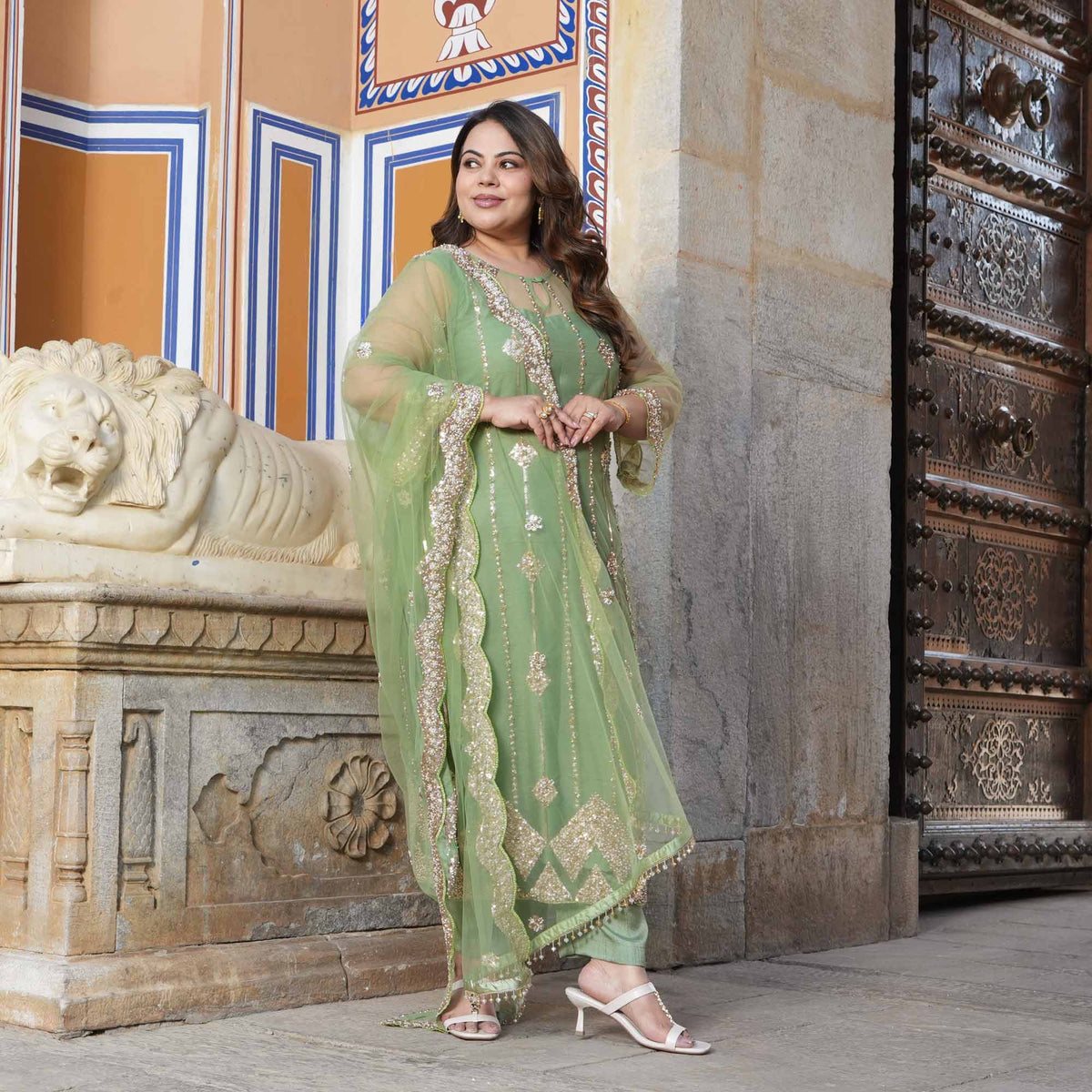 Hera- Pastel Green & Cutdana Embroidered Net Suit Set