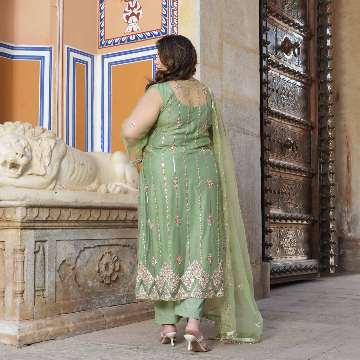 Hera- Pastel Green & Cutdana Embroidered Net Suit Set