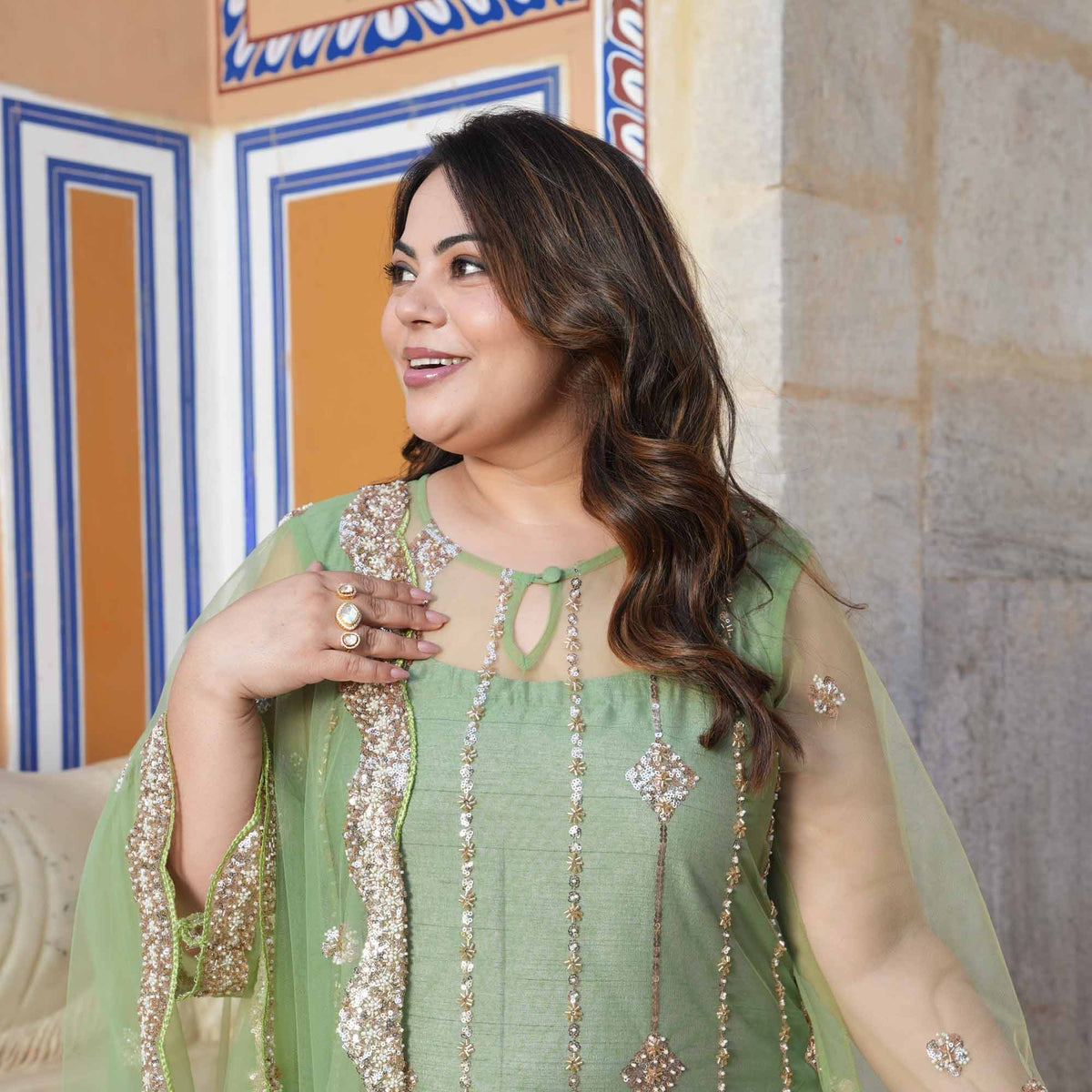 Hera- Pastel Green & Cutdana Embroidered Net Suit Set