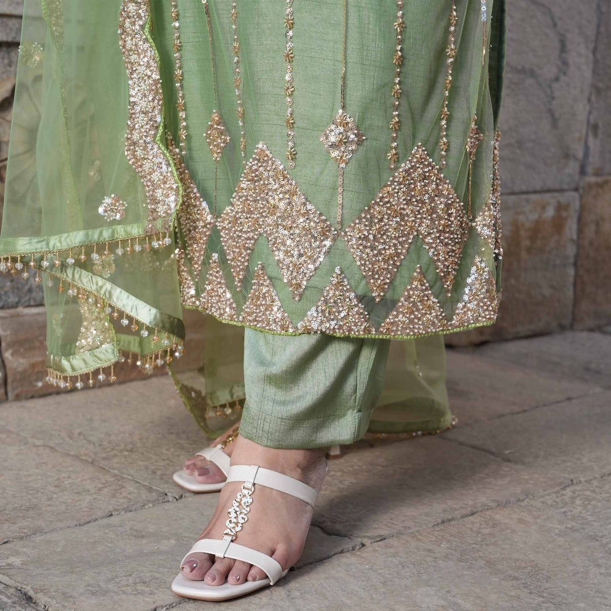 Hera- Pastel Green & Cutdana Embroidered Net Suit Set