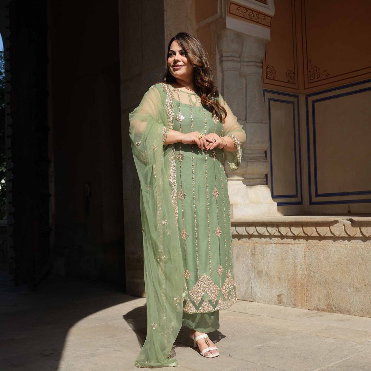 Hera- Pastel Green & Cutdana Embroidered Net Suit Set