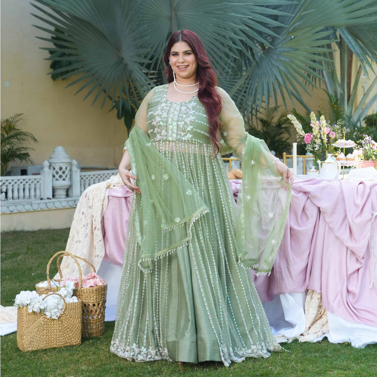 Trinity- Pistachio Green Pearl & Sequin Embroidered Net Cape Lehenga Set