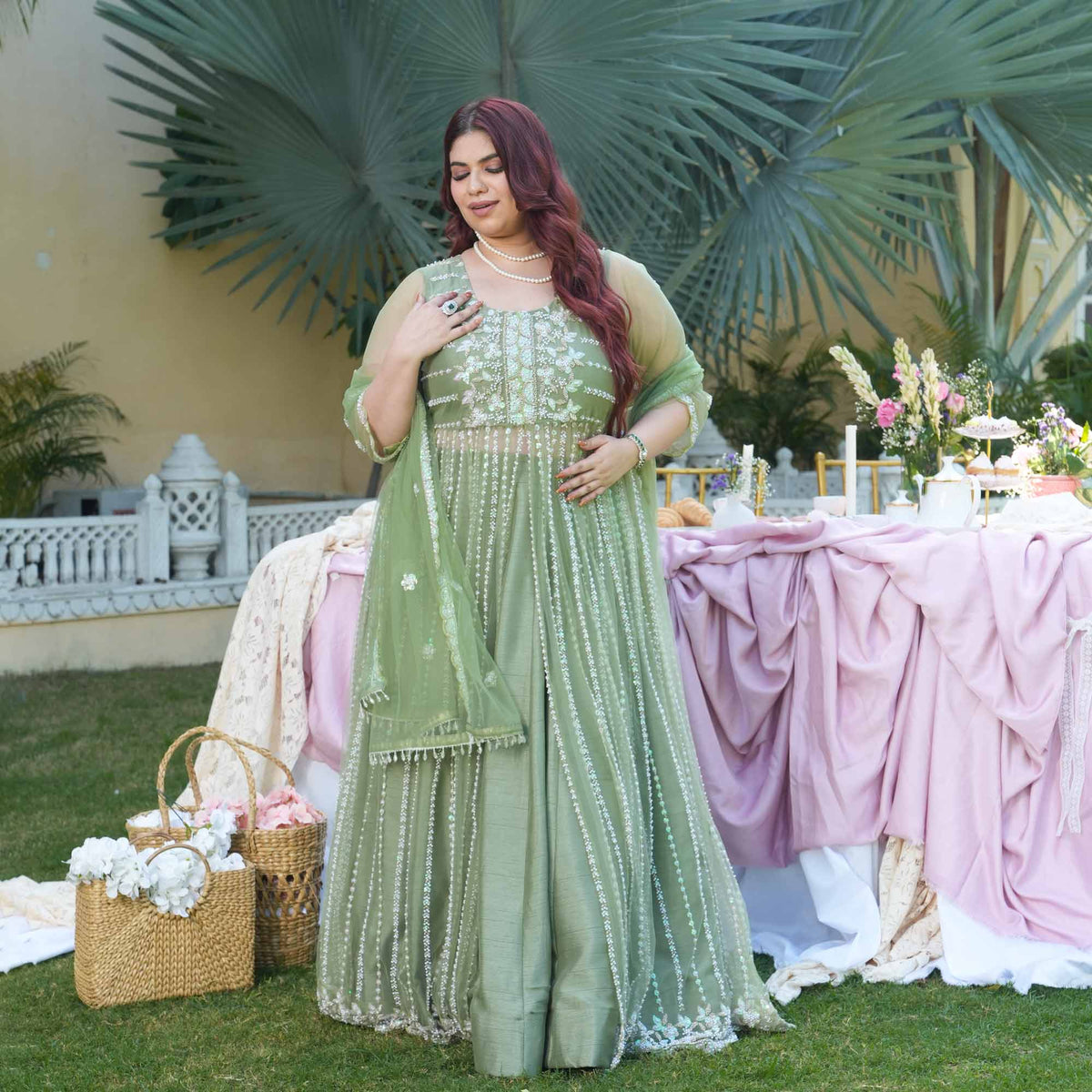 Trinity- Pistachio Green Pearl & Sequin Embroidered Net Cape Lehenga Set