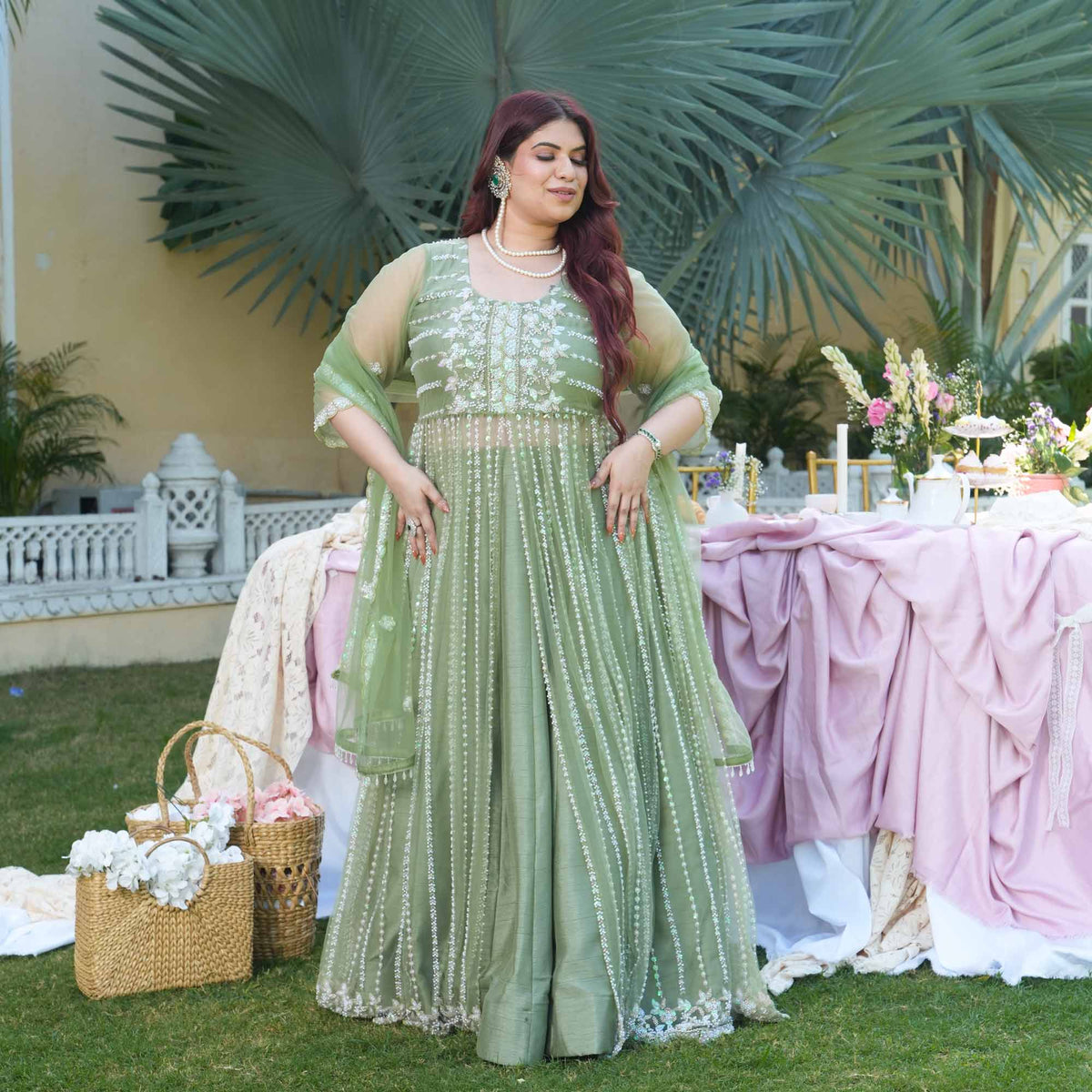 Trinity- Pistachio Green Pearl & Sequin Embroidered Net Cape Lehenga Set