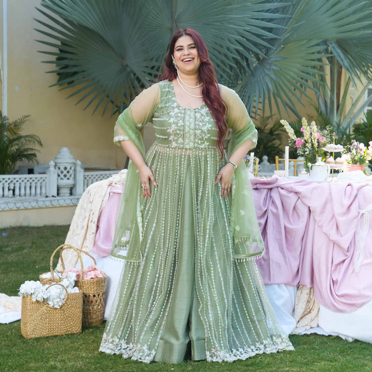 Trinity- Pistachio Green Pearl & Sequin Embroidered Net Cape Lehenga Set