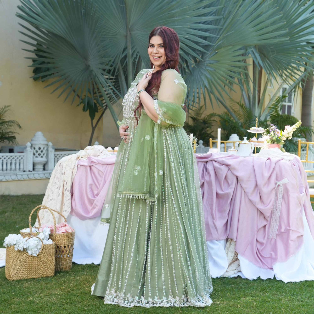 Trinity- Pistachio Green Pearl & Sequin Embroidered Net Cape Lehenga Set