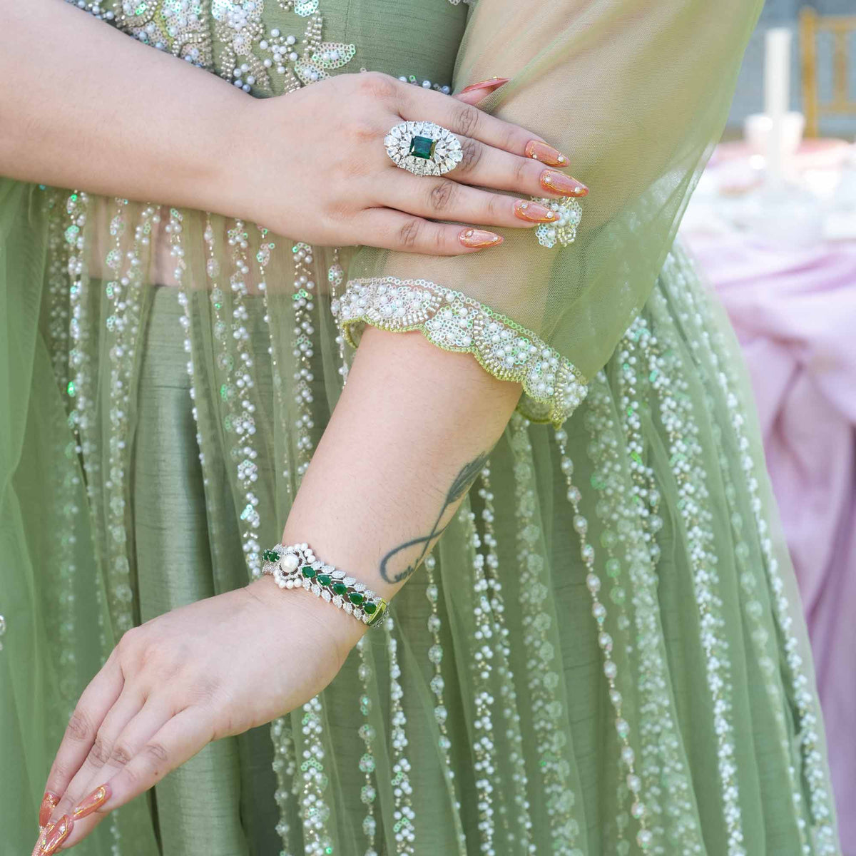 Trinity- Pistachio Green Pearl & Sequin Embroidered Net Cape Lehenga Set
