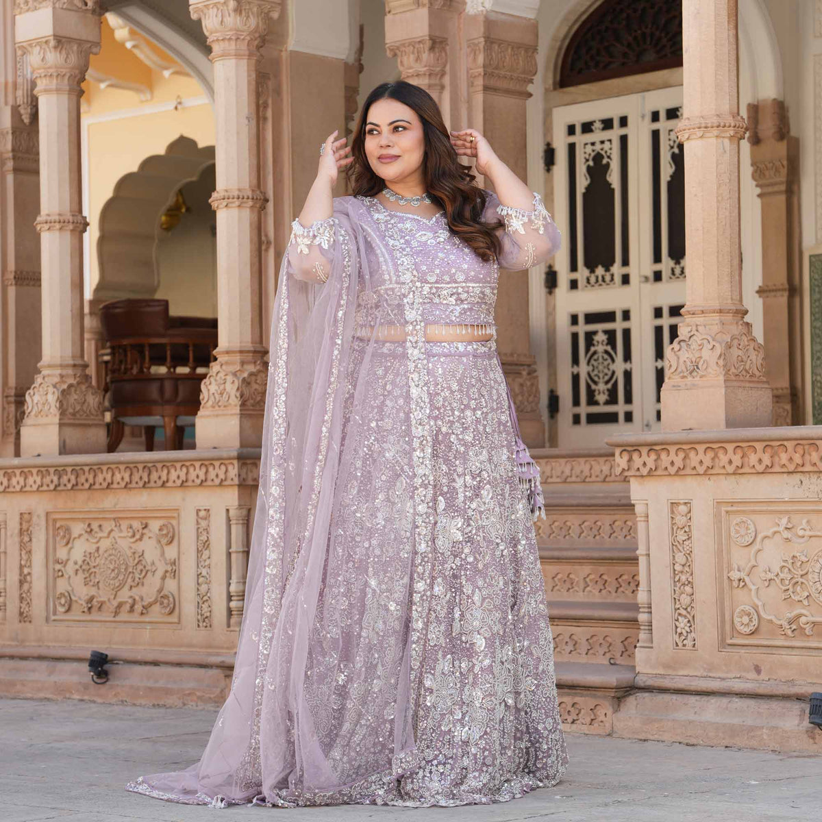 Athena- Misty Lavender Pearl & Sequin Embroidered Net Lehenga Set