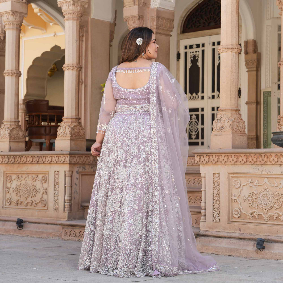 Athena- Misty Lavender Pearl & Sequin Embroidered Net Lehenga Set