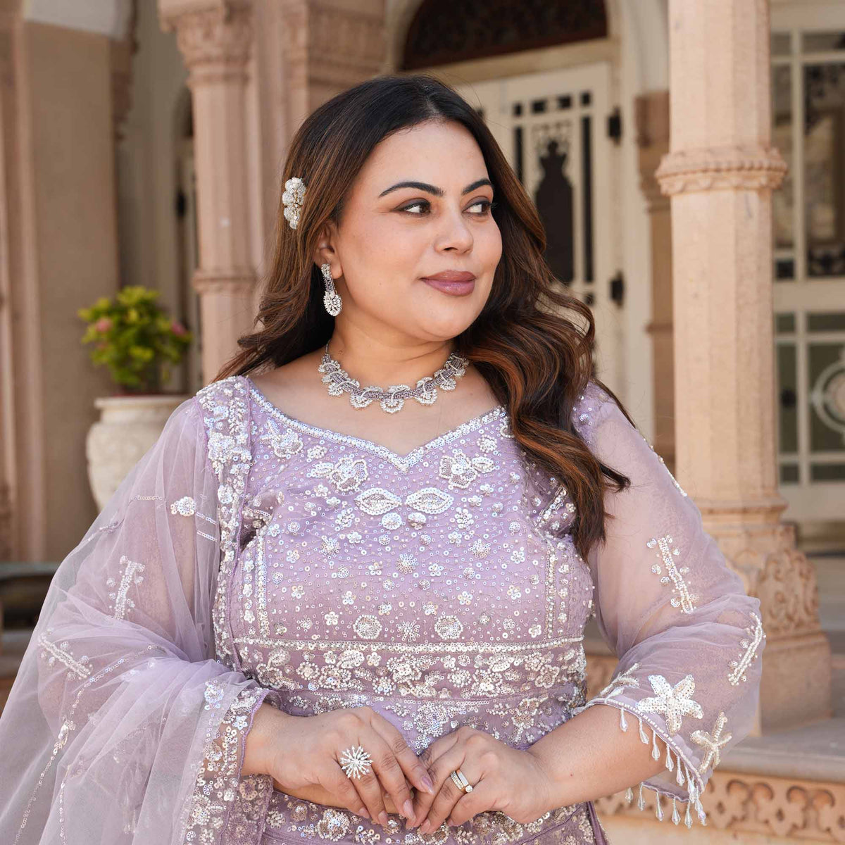 Athena- Misty Lavender Pearl & Sequin Embroidered Net Lehenga Set