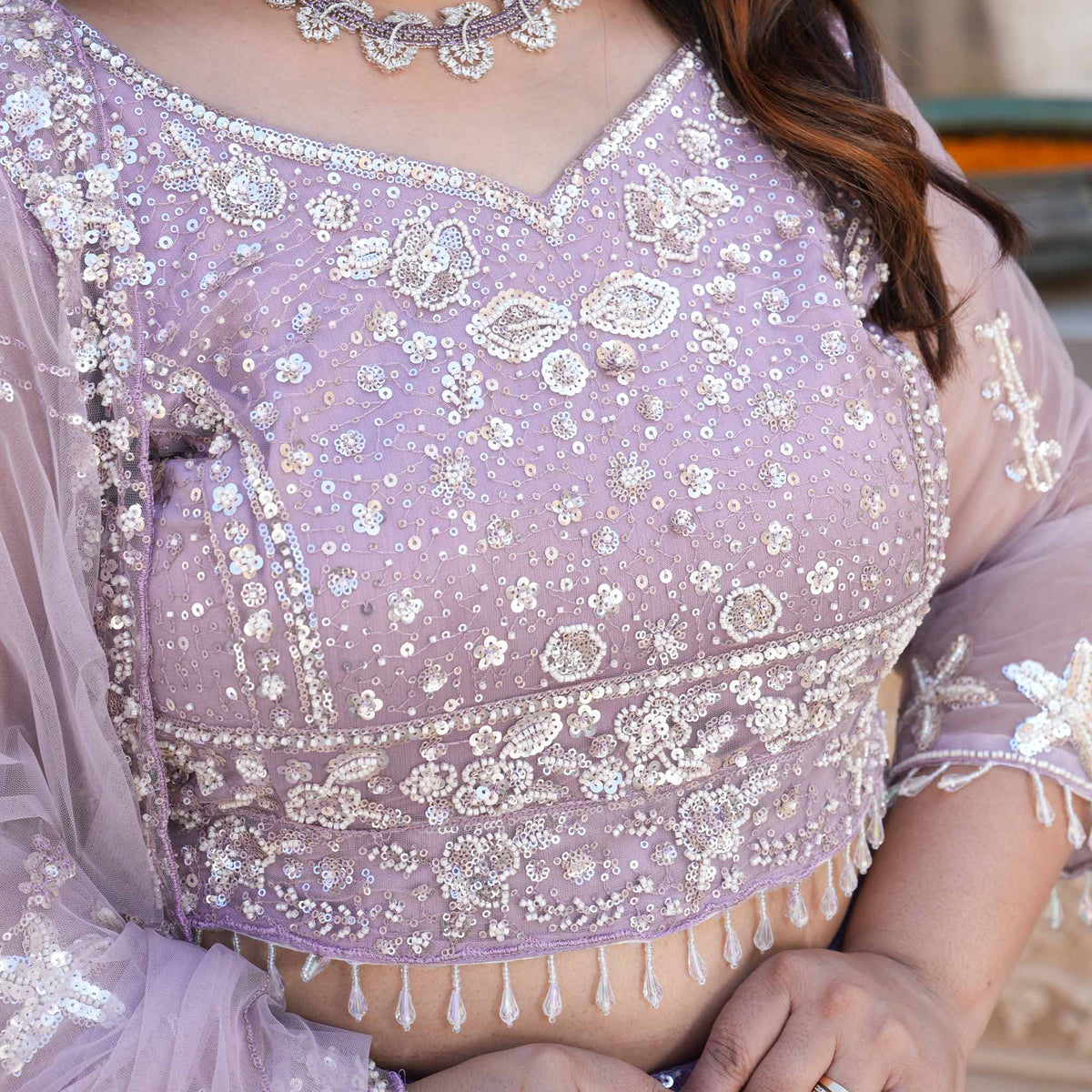 Athena- Misty Lavender Pearl & Sequin Embroidered Net Lehenga Set