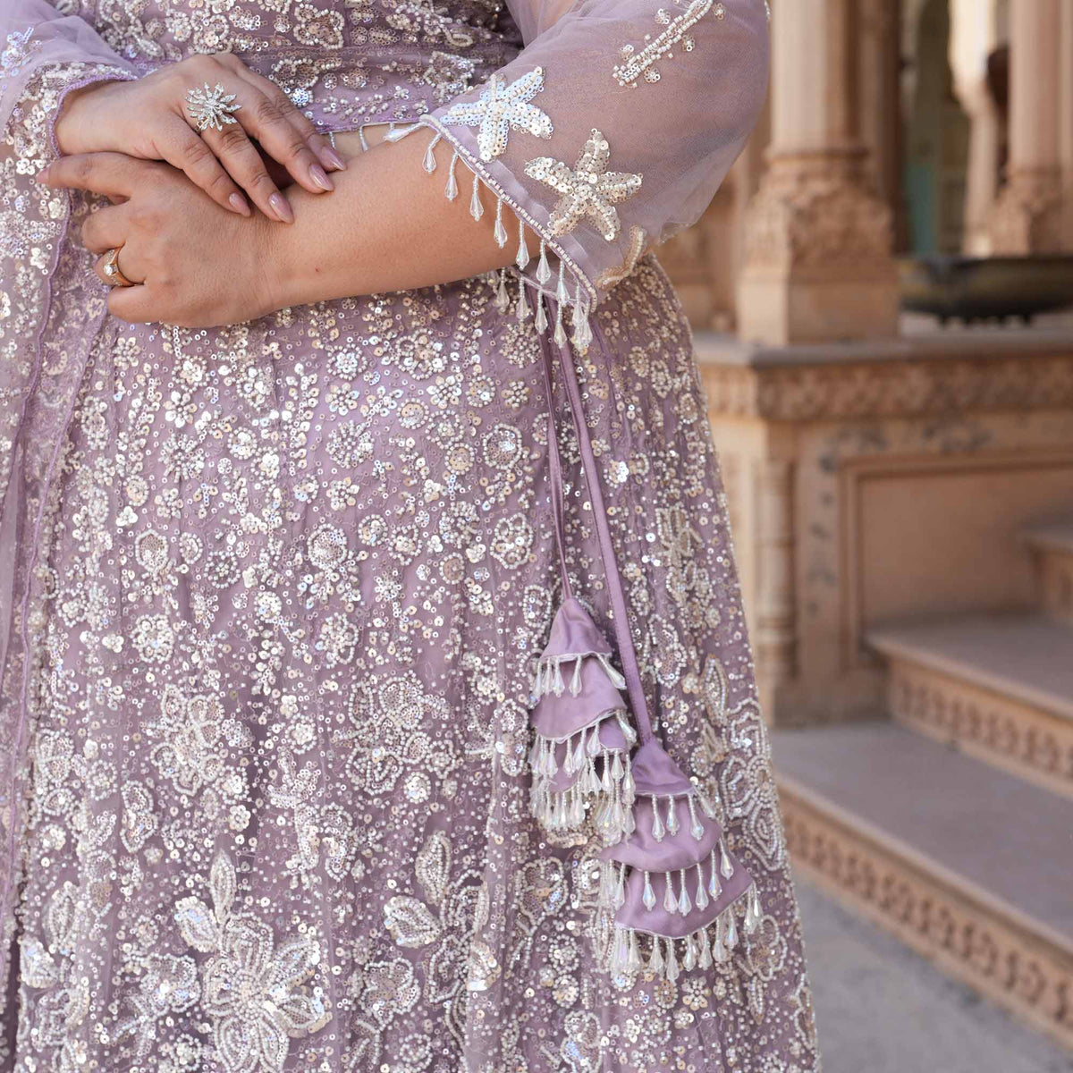 Athena- Misty Lavender Pearl & Sequin Embroidered Net Lehenga Set