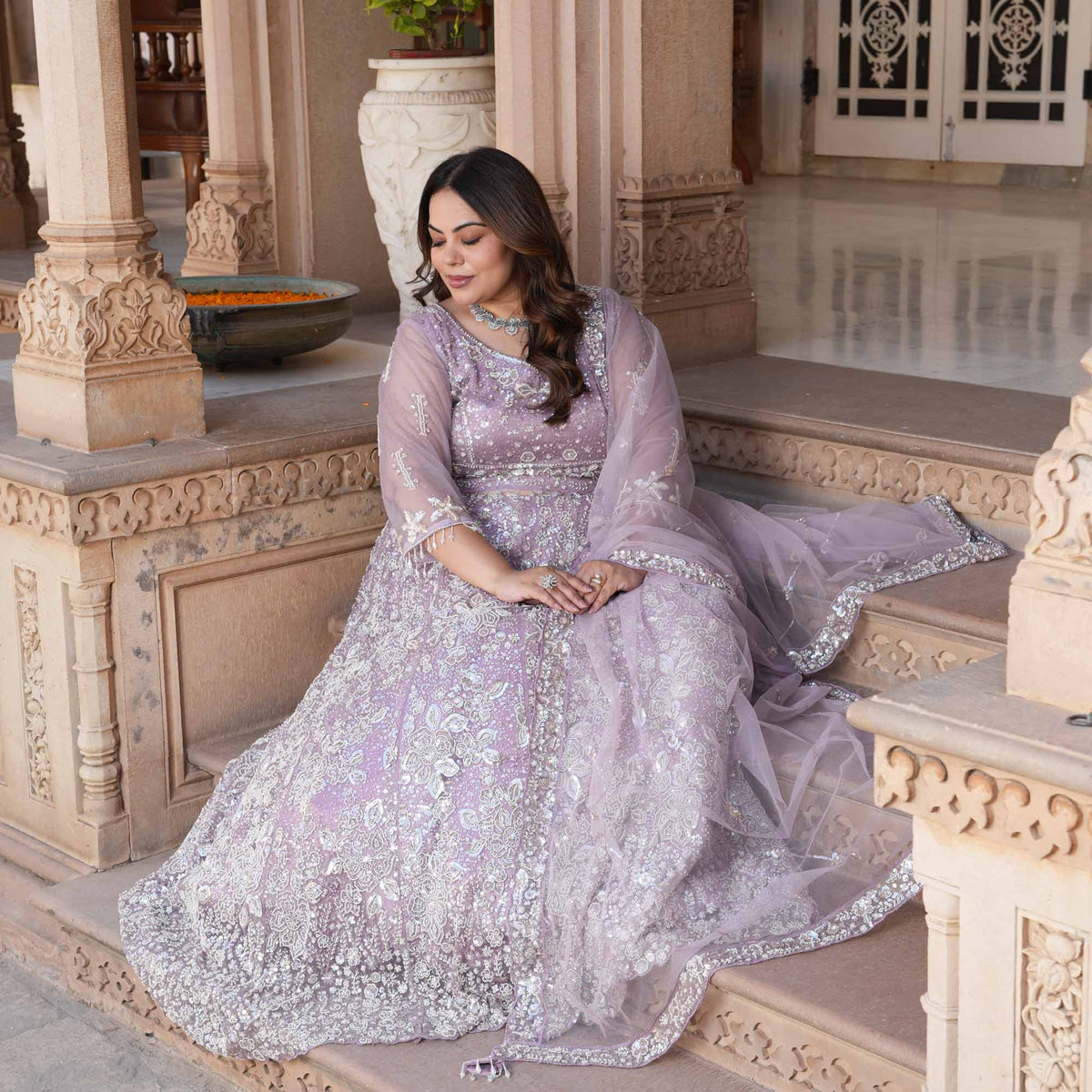 Athena- Misty Lavender Pearl & Sequin Embroidered Net Lehenga Set