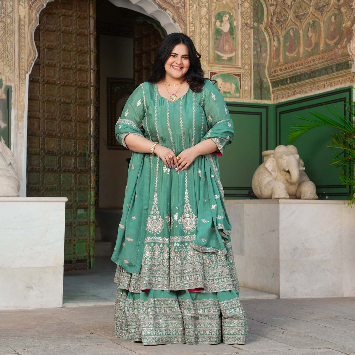 JaiBagh - Sage Green Zari & Sequin Embroidered Pure Chinon Anarkali Lehenga Set