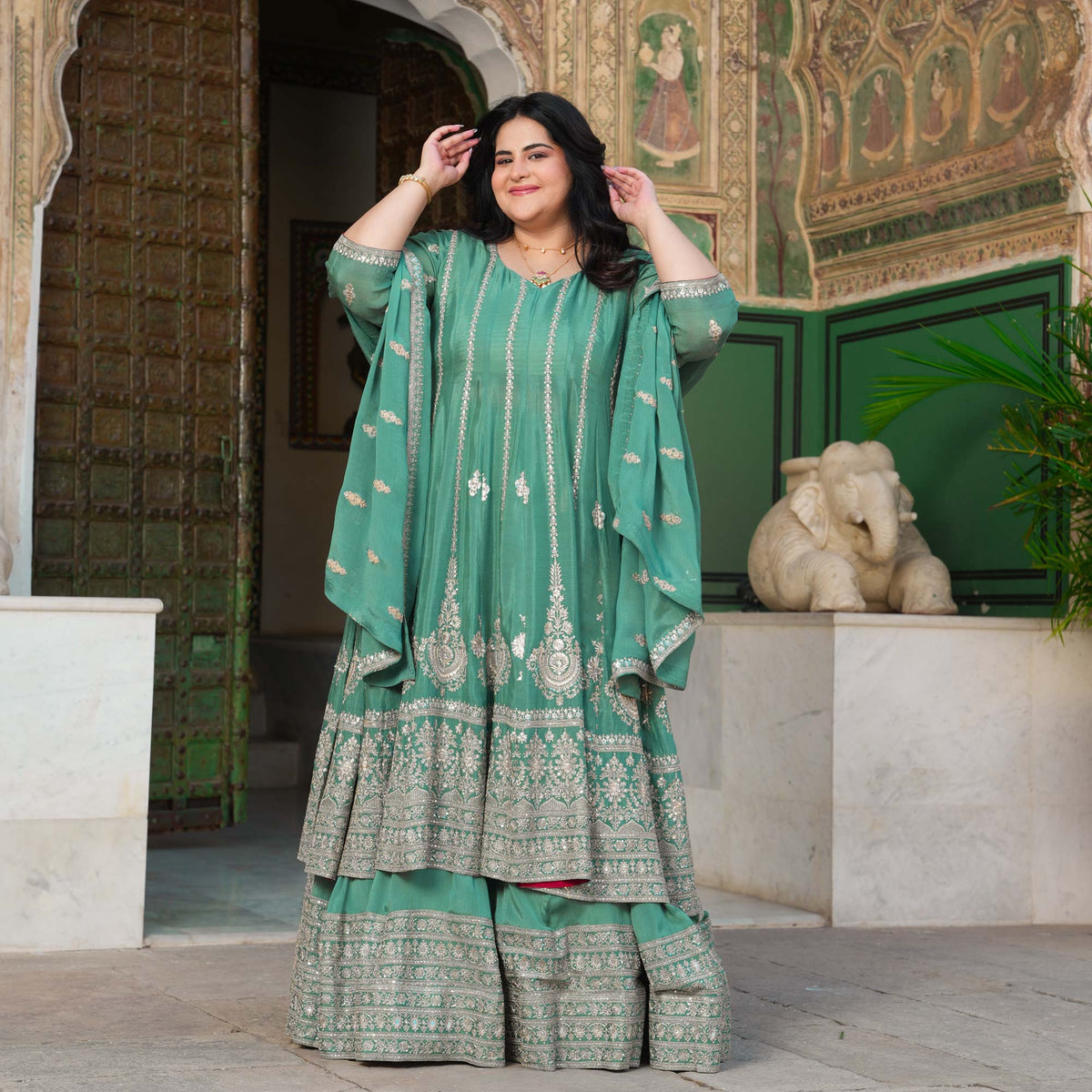 JaiBagh - Sage Green Zari & Sequin Embroidered Pure Chinon Anarkali Lehenga Set