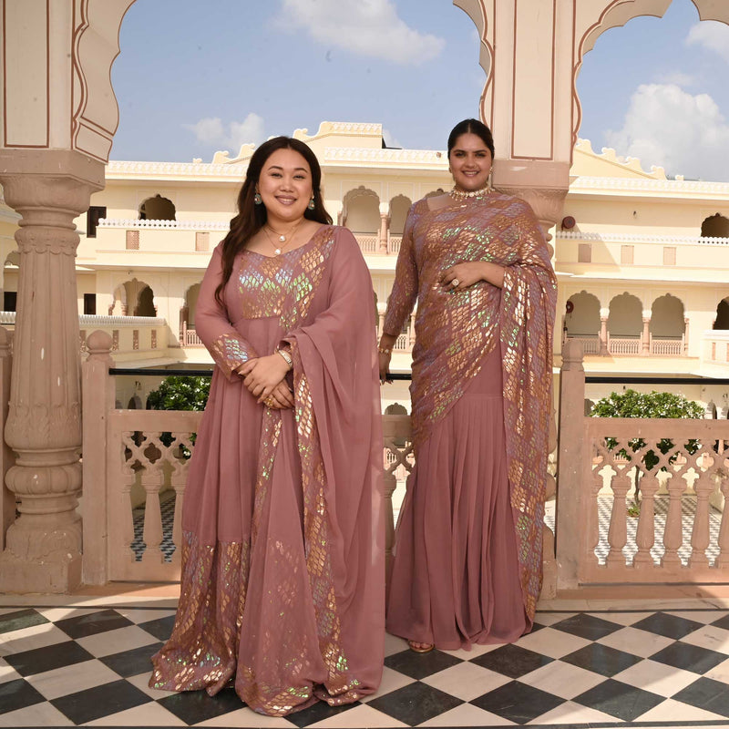 Misty Rose Metallic Sequin Embroidered Drape Saree Set