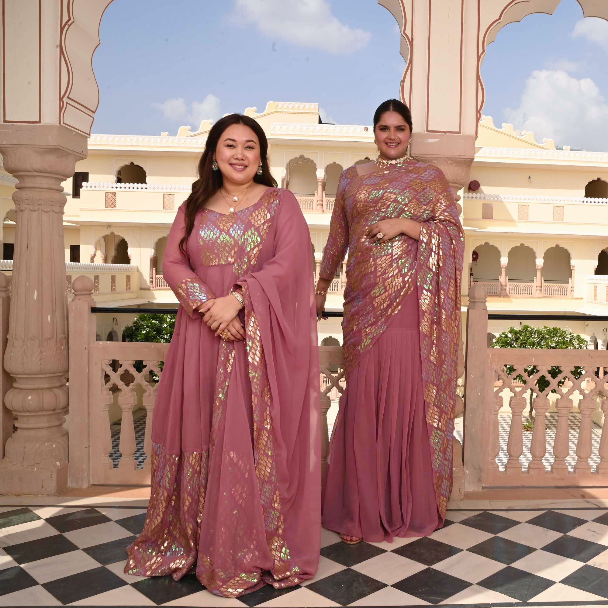 Misty Rose Metallic Sequin Embroidered Drape Saree Set