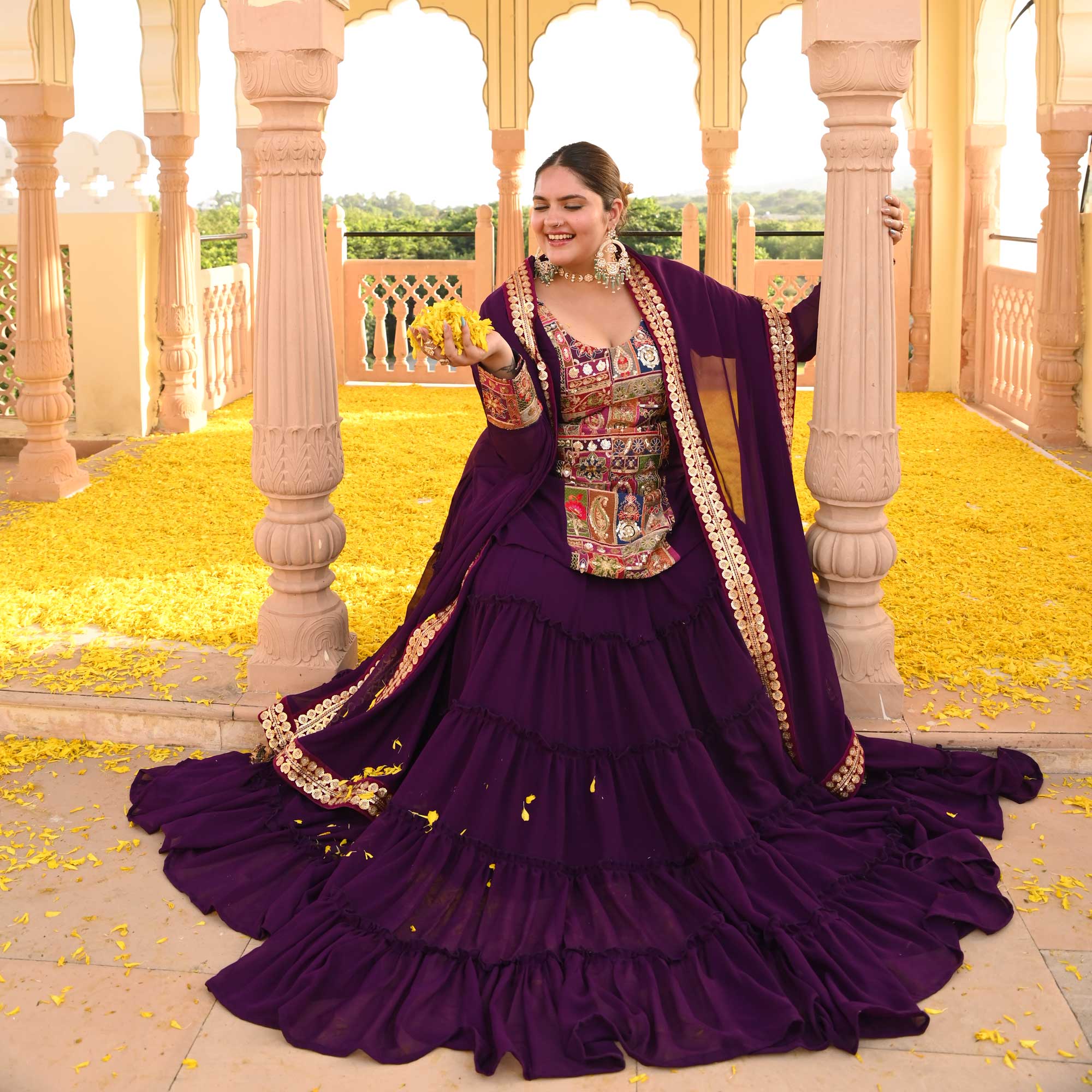 Plum Passion Embroidered Tiered Lehenga Set