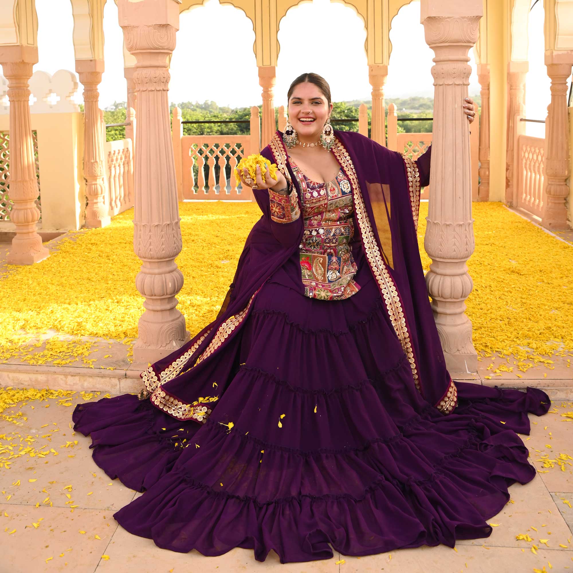 Plum Passion Embroidered Tiered Lehenga Set