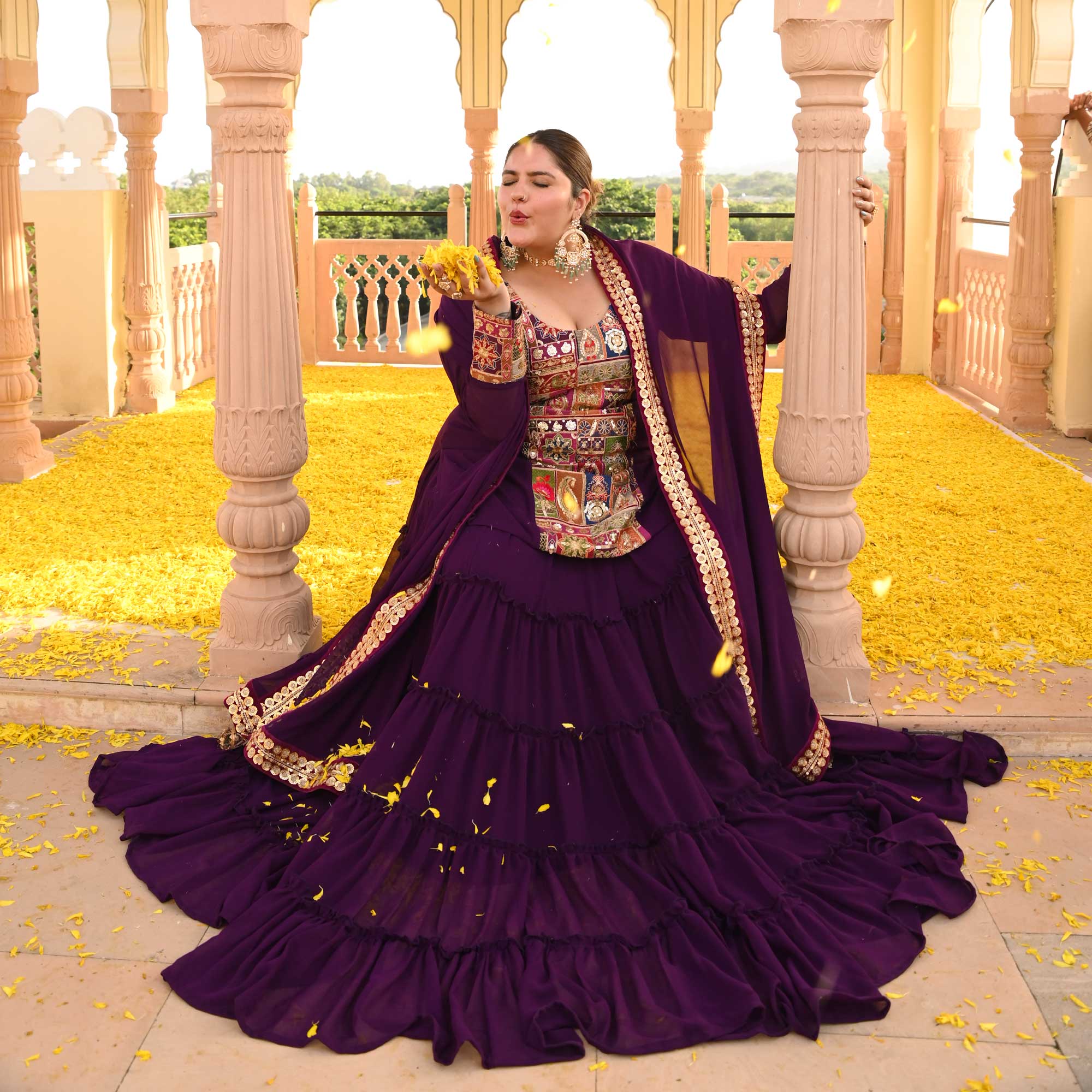 Plum Passion Embroidered Tiered Lehenga Set