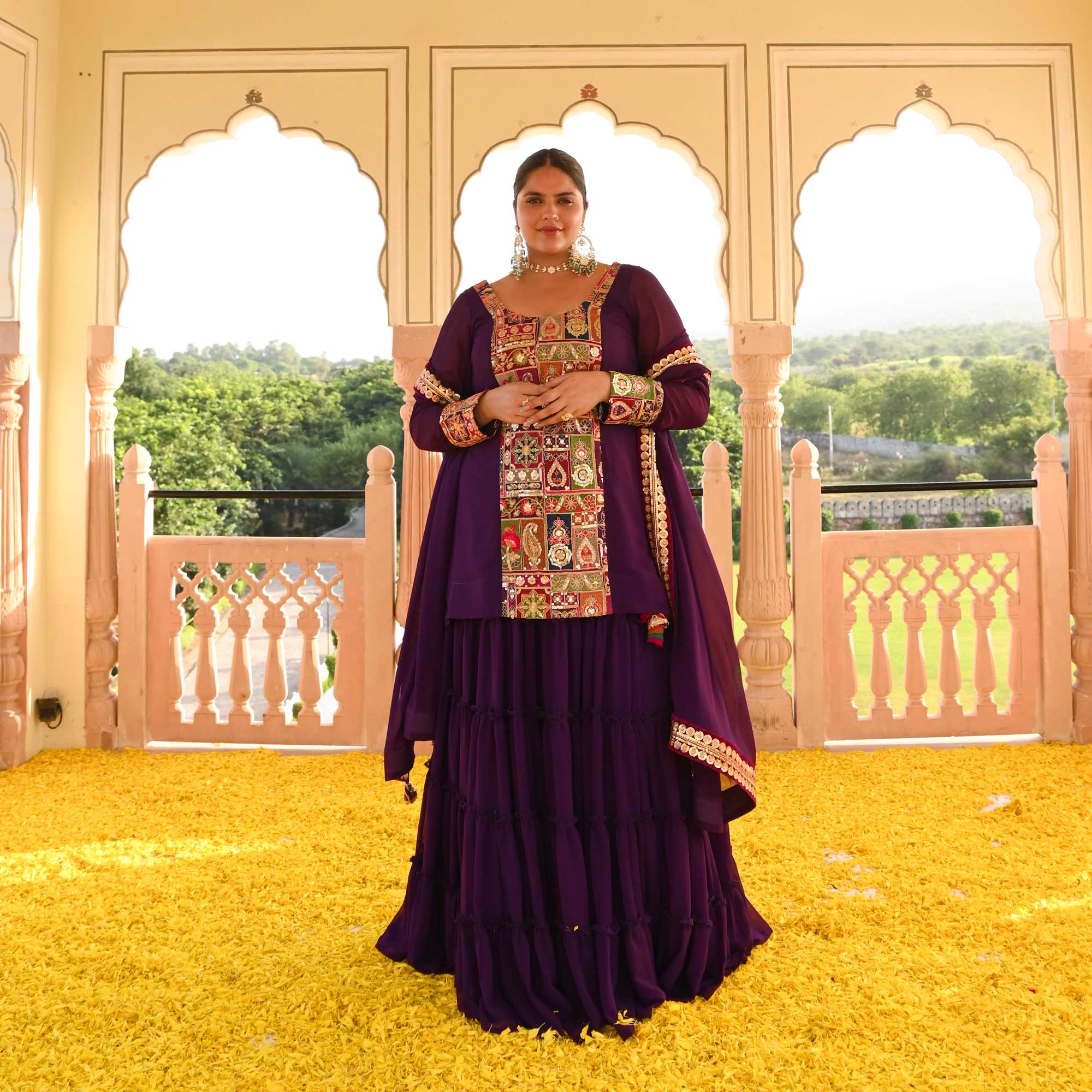 Plum Passion Embroidered Tiered Lehenga Set