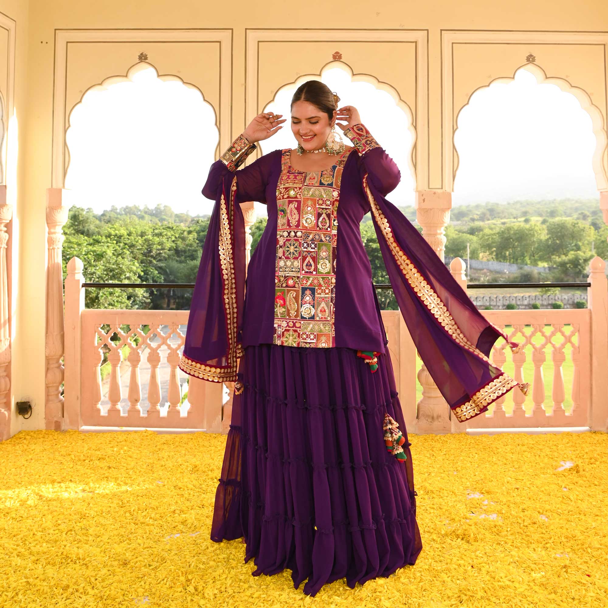 Plum Passion Embroidered Tiered Lehenga Set