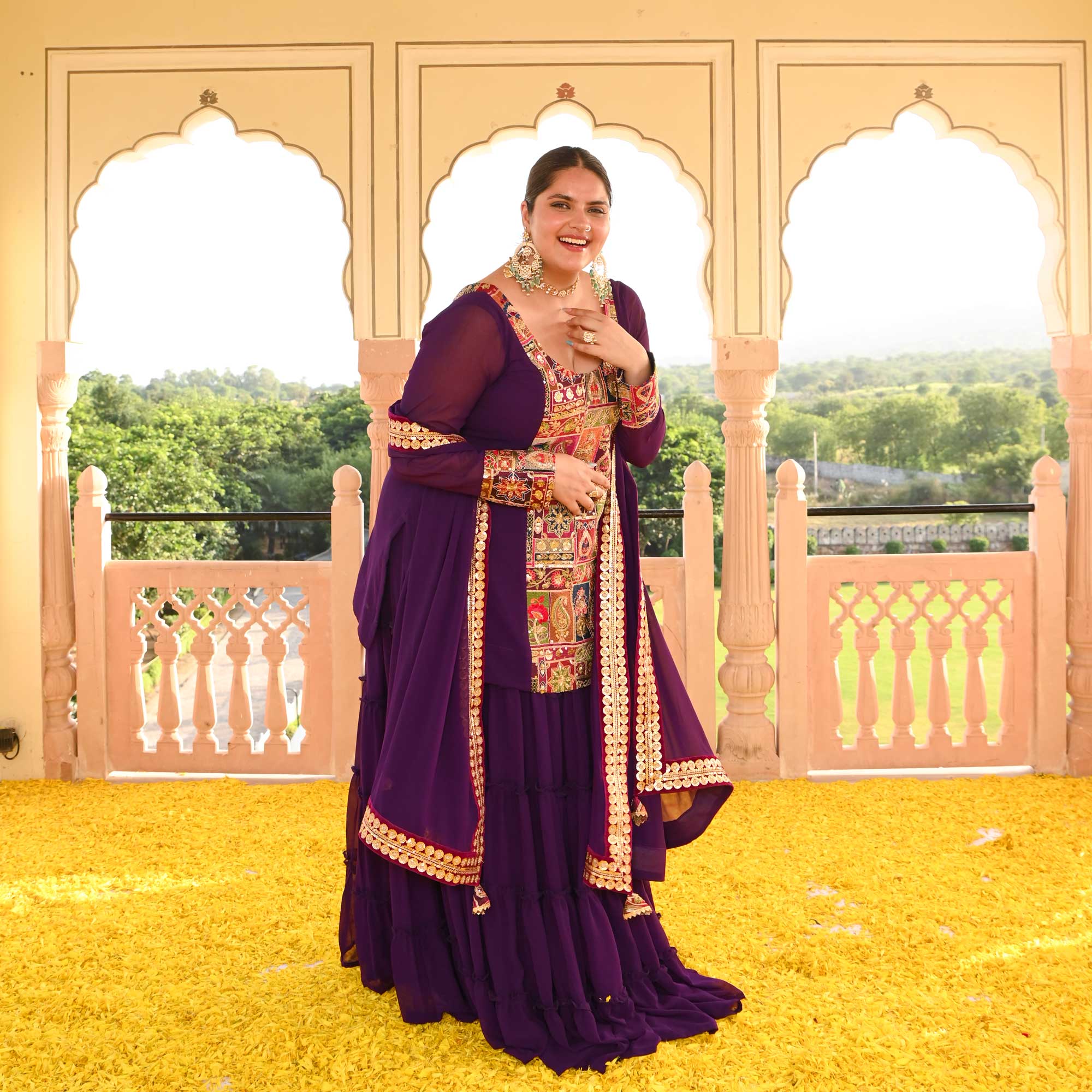 Plum Passion Embroidered Tiered Lehenga Set