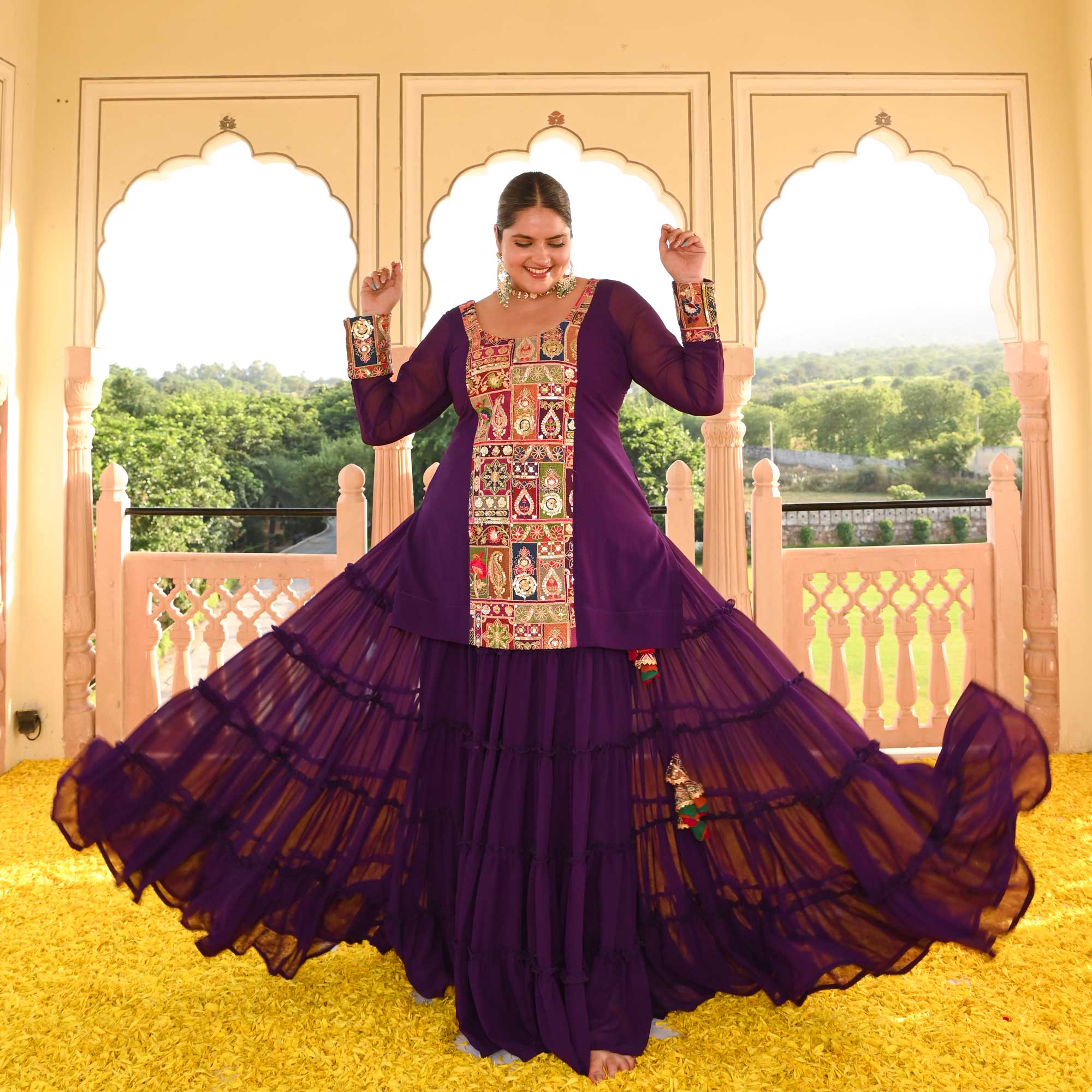 Plum Passion Embroidered Tiered Lehenga Set