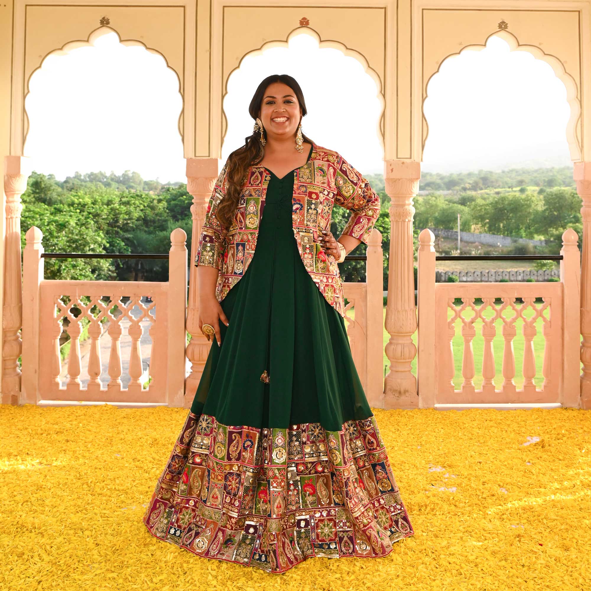 Regal Green Position Embroidered Anarkali With Koti